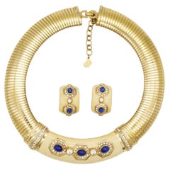 Christian Dior Vintage Yellow Lapis Oval Crystals Omega Necklace Earrings Set