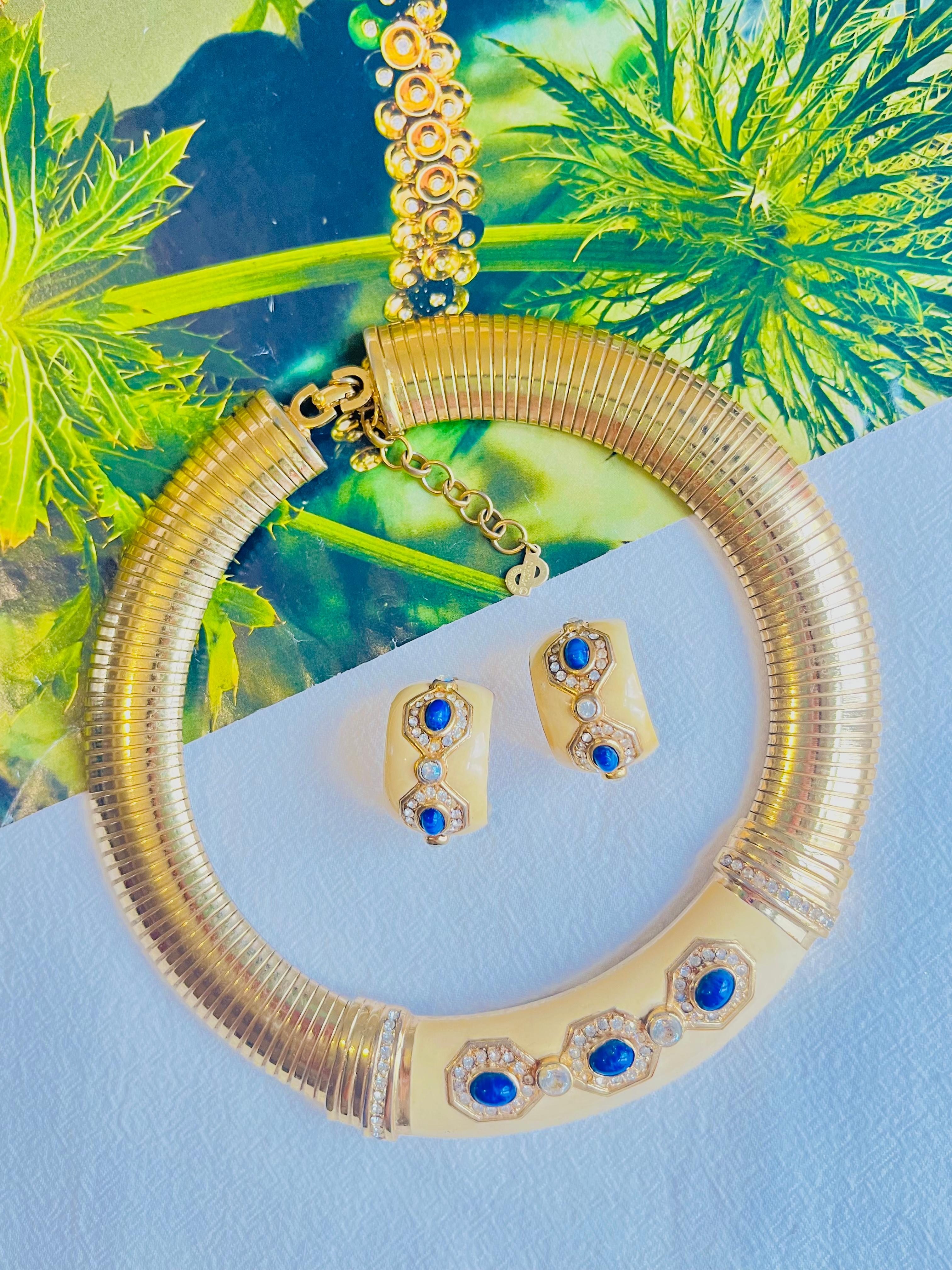 Christian Dior Vintage Yellow Lapis Oval Crystals Omega Necklace Earrings Set In Good Condition In Wokingham, England