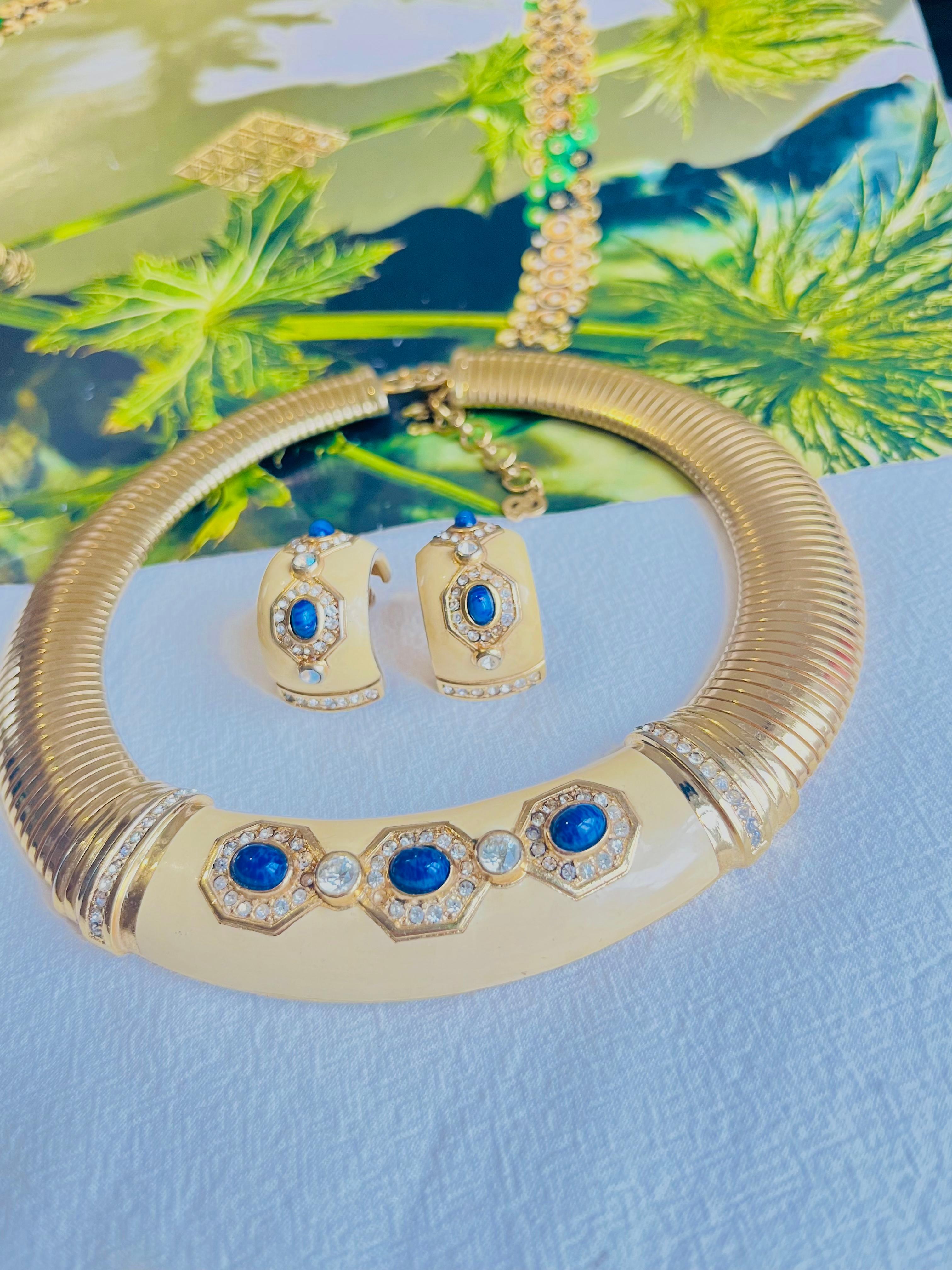 Women's or Men's Christian Dior Vintage Yellow Lapis Oval Crystals Omega Necklace Earrings Set