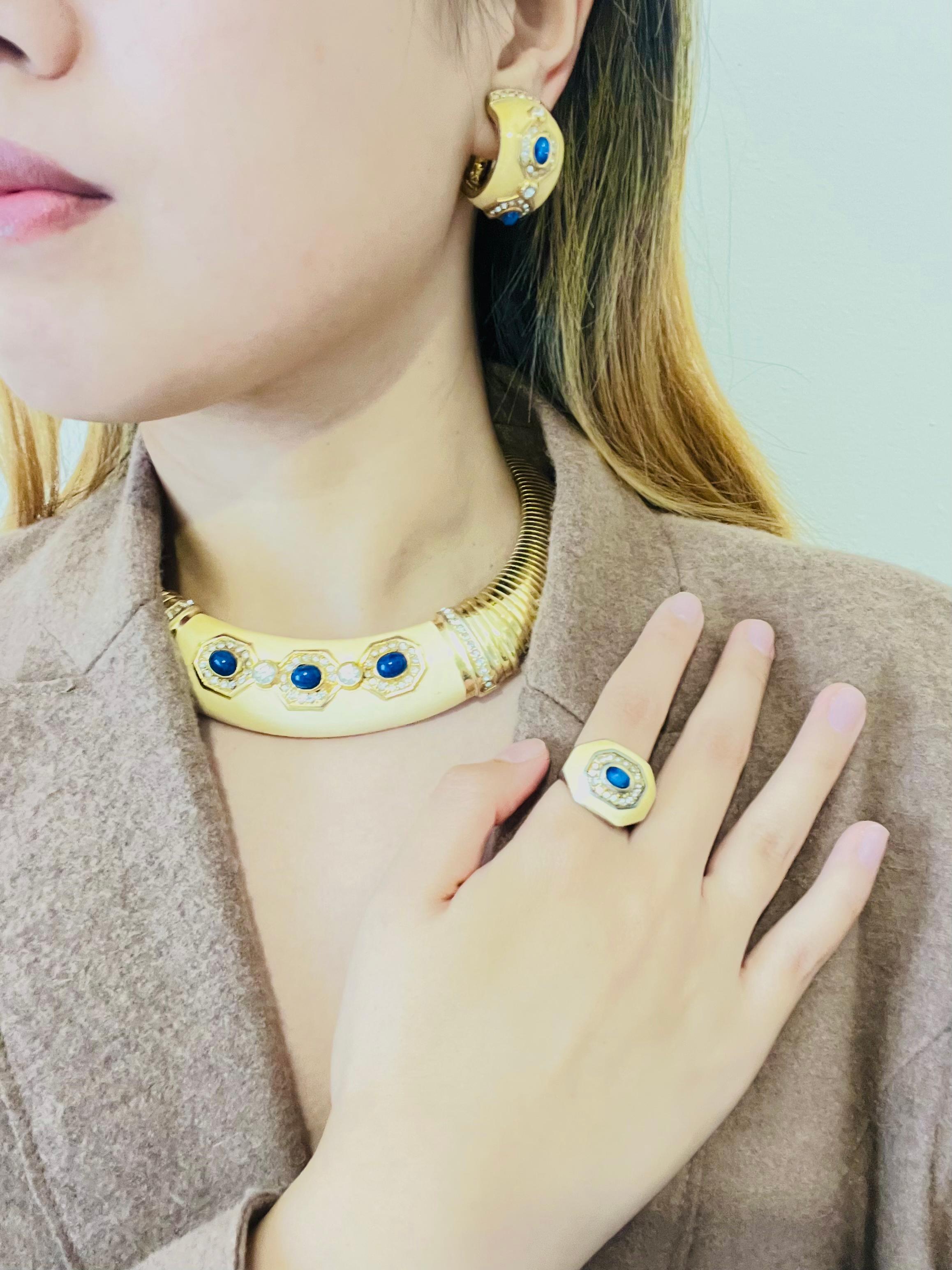 Christian Dior Vintage Yellow Lapis Oval Crystals Omega Necklace Earrings Set 3