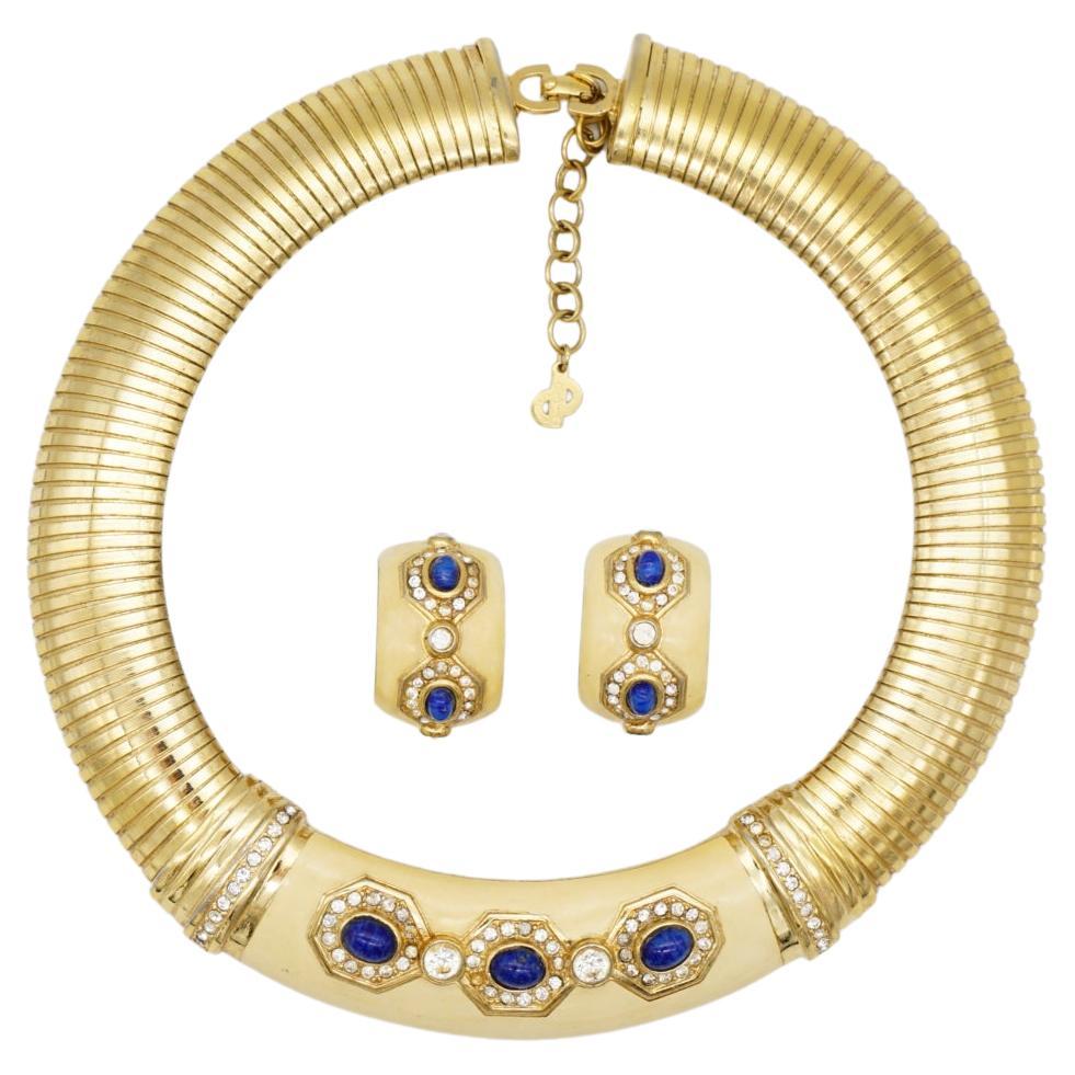 Christian Dior Vintage Yellow Lapis Oval Crystals Omega Necklace Earrings Set For Sale