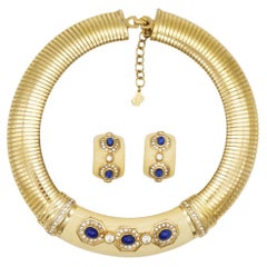 Christian Dior Retro Yellow Lapis Oval Crystals Omega Necklace Earrings Set