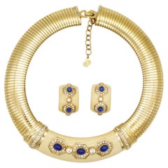 Christian Dior Vintage Yellow Lapis Oval Crystals Omega Necklace Earrings Set