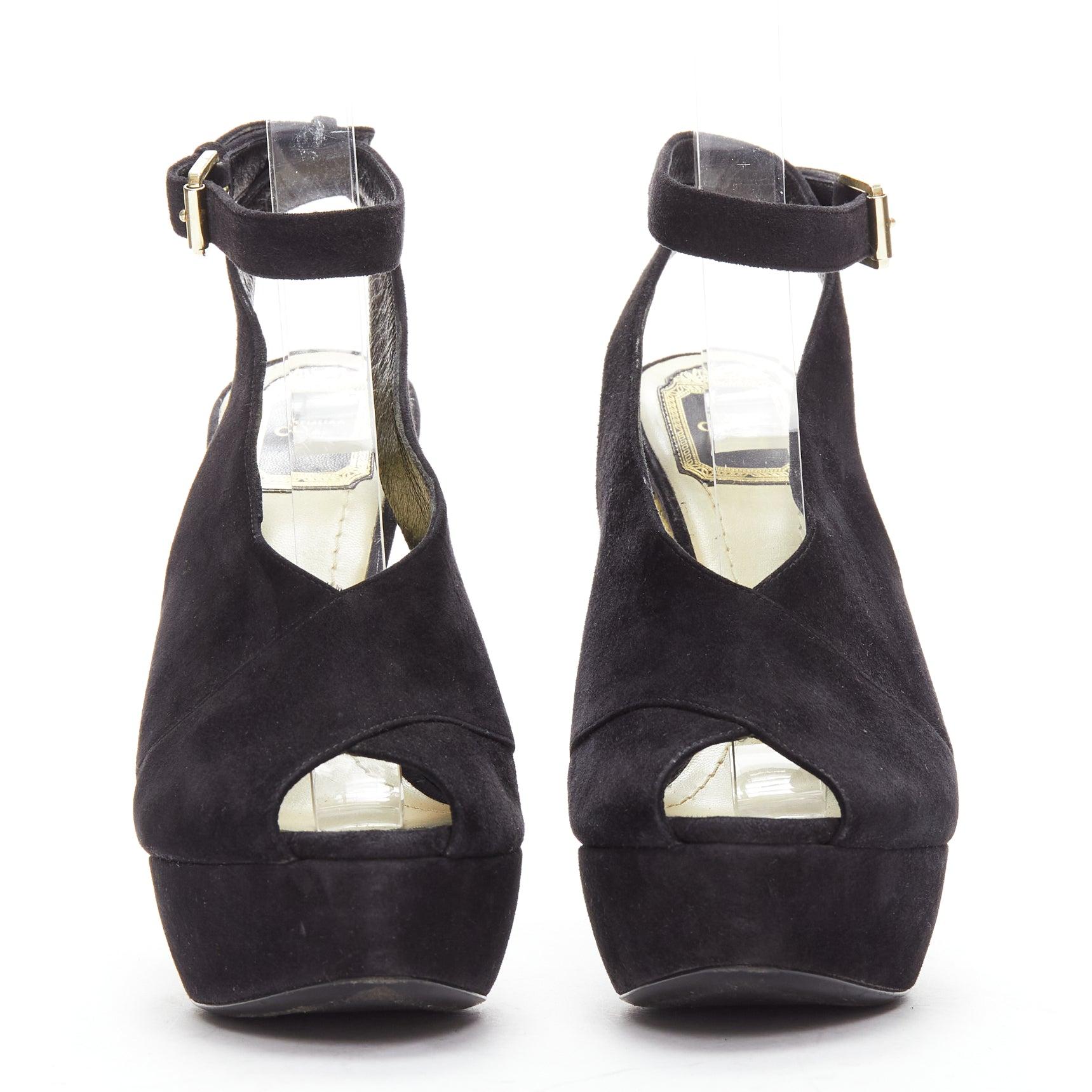 Black CHRISTIAN DIOR Vintage yellow scaled leather black suede platforms EU38 For Sale