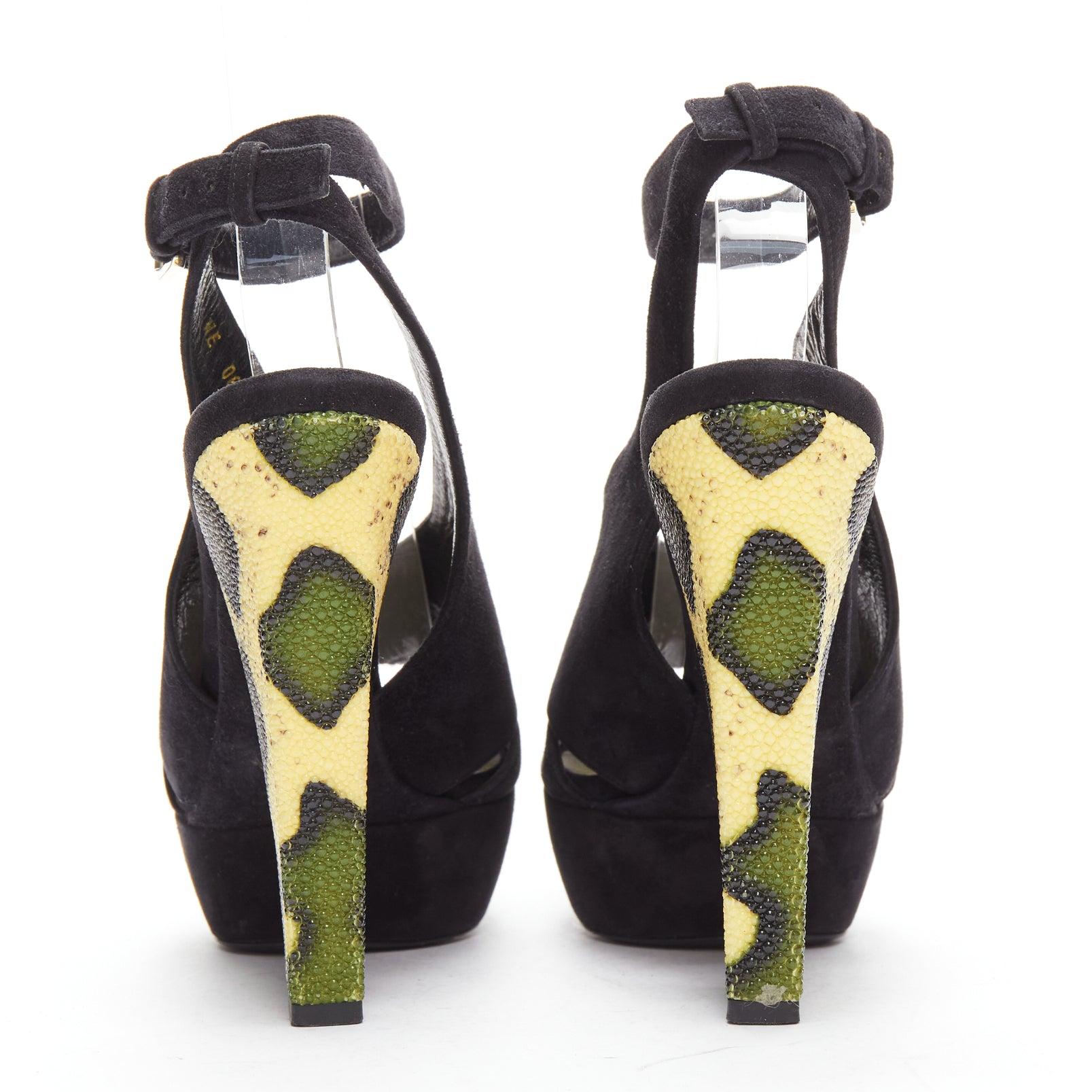 Women's CHRISTIAN DIOR Vintage yellow scaled leather black suede platforms EU38 For Sale
