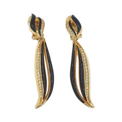 Christian Dior Wavy Vintage Earrings – Black Enamel & Rhinestones