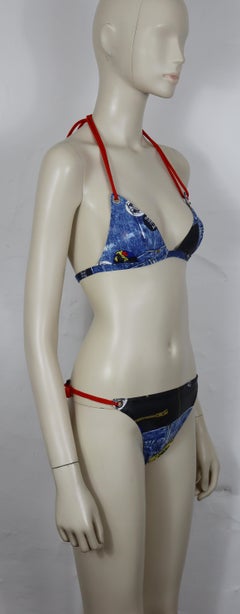 CHRISTIAN DIOR Wet Look Trompe L'oeil Denim Print Two Piece String Swimsuit