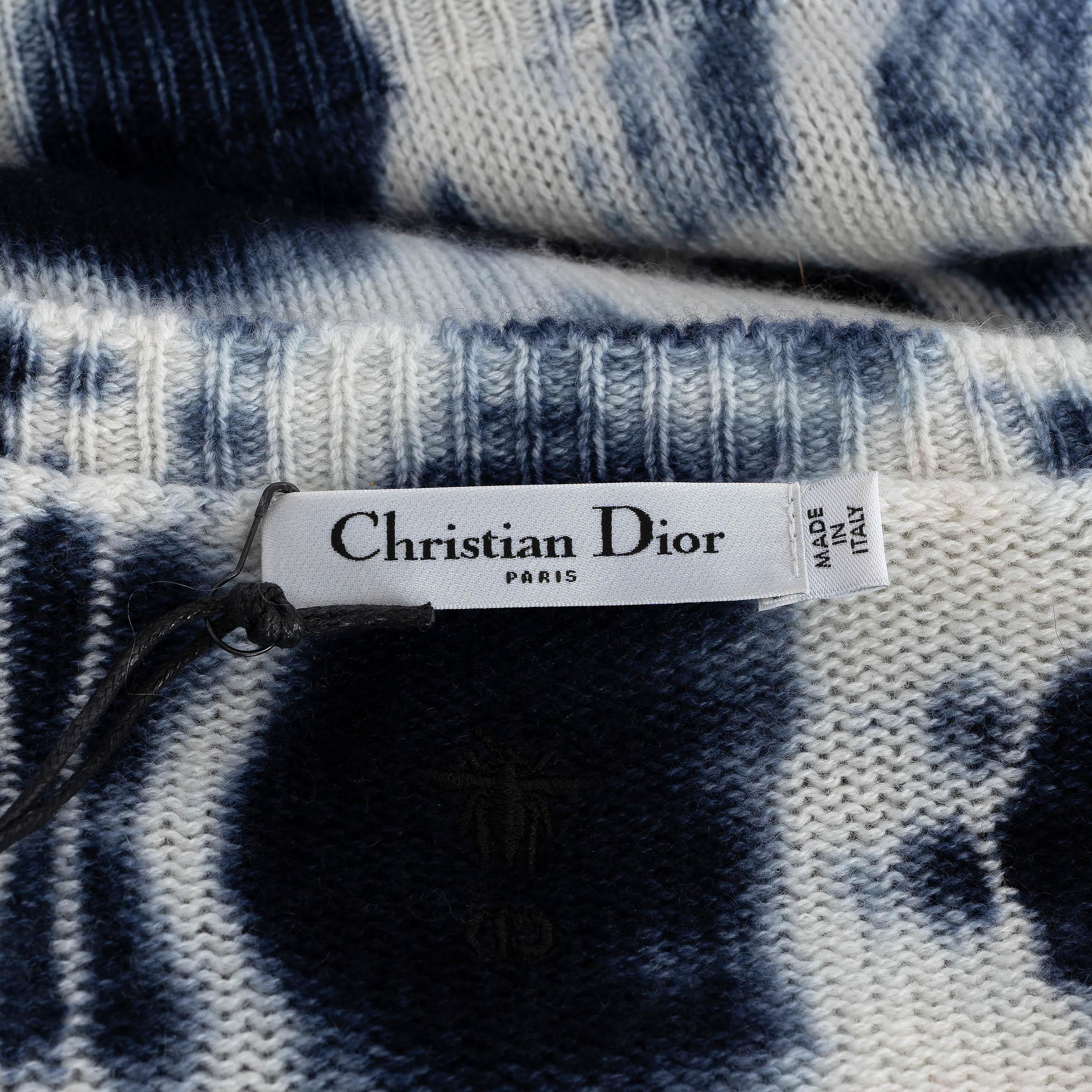 CHRISTIAN DIOR white & blue cashmere 2020 TIE-DYE Sweater 36 XS For Sale 2