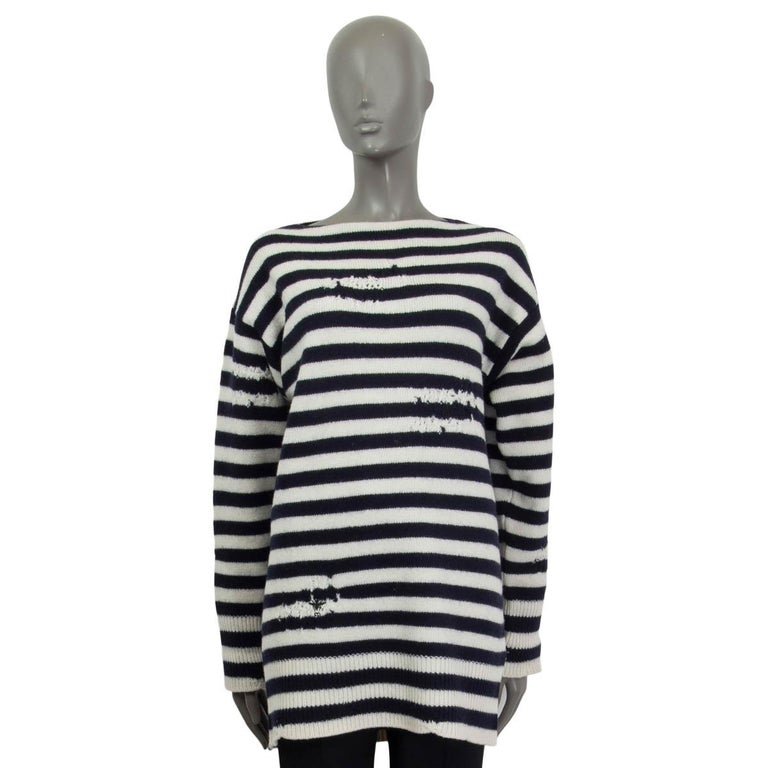 CHRISTIAN DIOR white and blue cashmere and wool STRIPED DISTRESSED ...