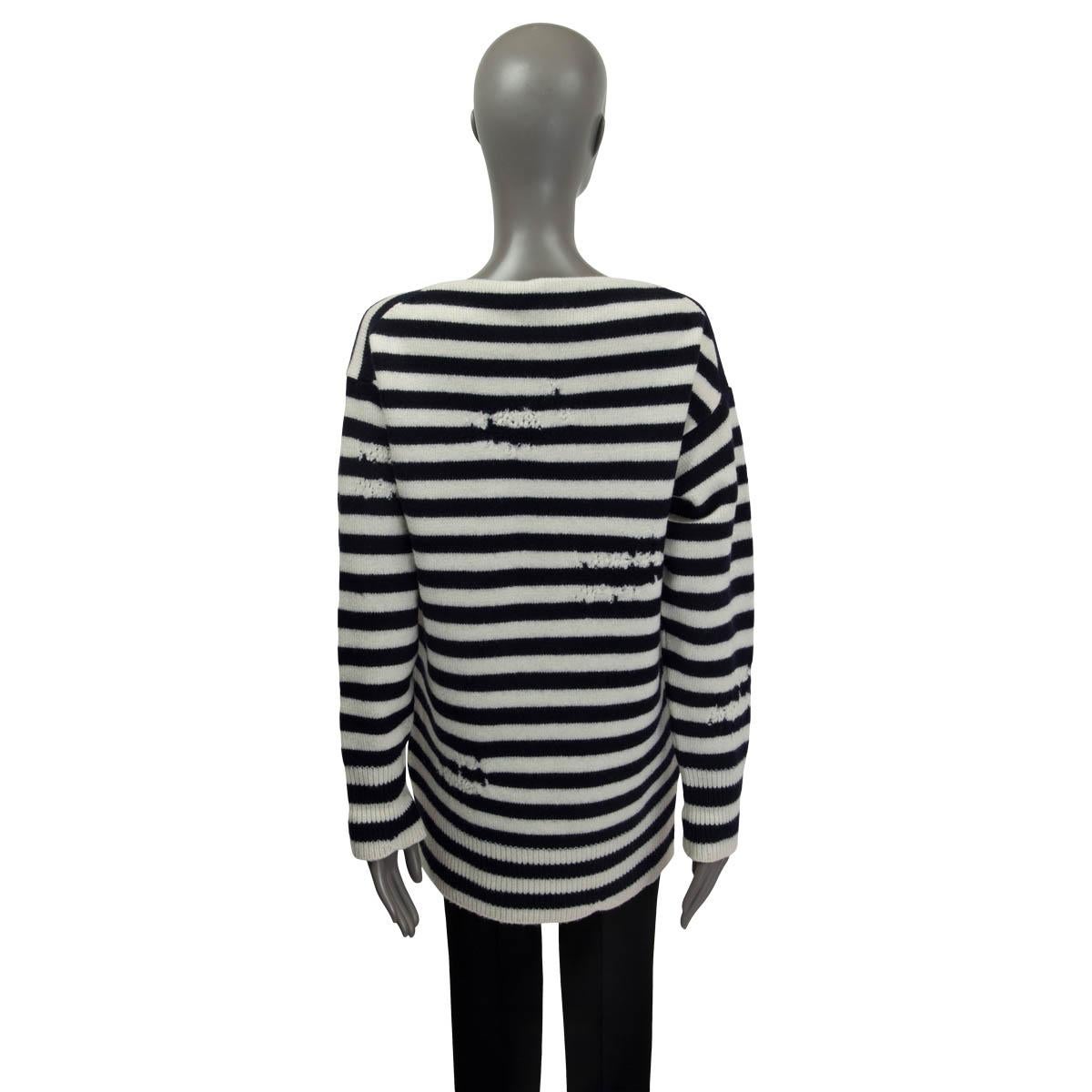CHRISTIAN DIOR weißer & blauer Pullover aus Kaschmir und Wolle mit STRIPED DISTRESsed 38 S 1