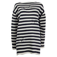 CHRISTIAN DIOR white & blue cashmere & wool STRIPED DISTRESSED Sweater 38 S