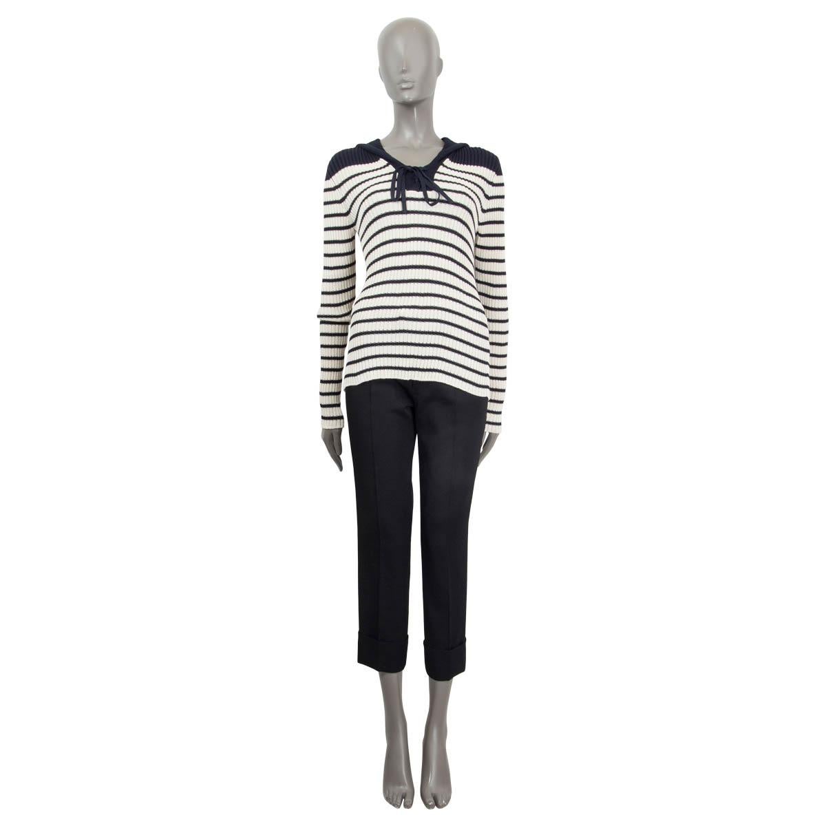 100% authentic Christian Dior Resort 2022 striped Mariniere sweater in navy and white cotton (100%). Unlined and stretchy. Features cotton straps on the front collar and typical monogram sailor flap on the back. Unworn and in excellent condition.