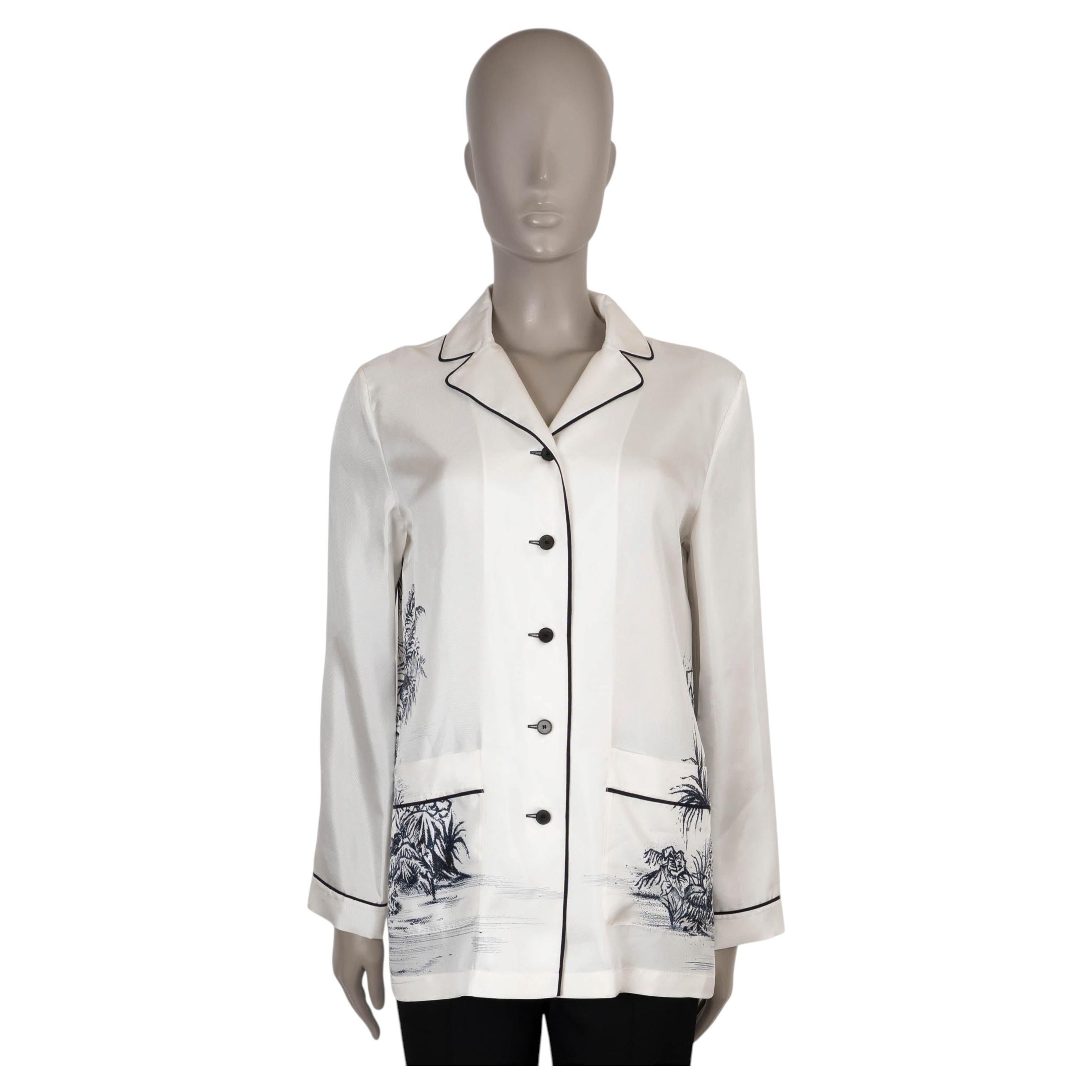 Christian Dior weiß-blaues Seidenhemd „CHEZ MOI TOILE DE JOUY PALMS“ aus der Kollektion 2021, Größe 36 XS
