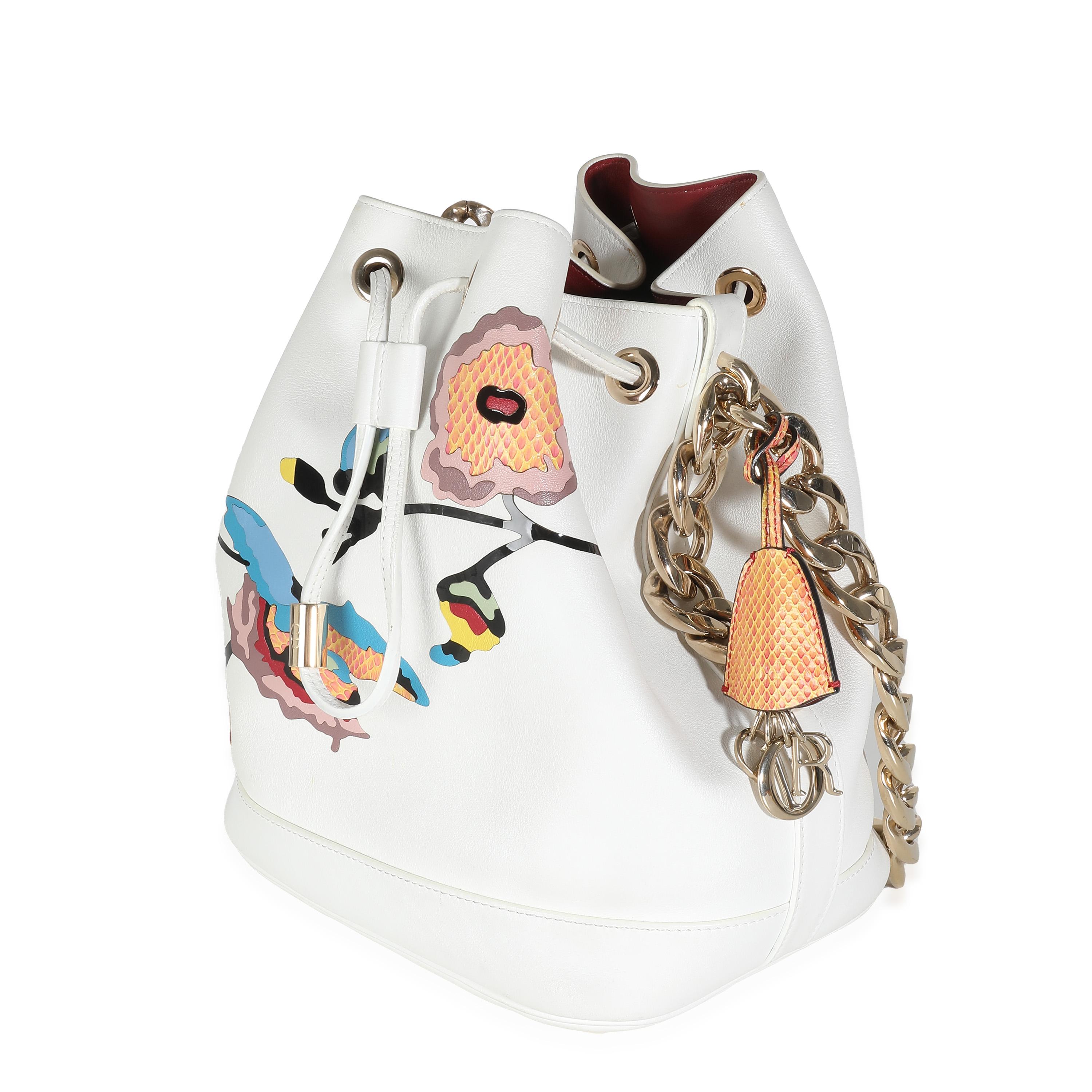 Women's Christian Dior White Calfskin Multicolor Python Appliqué Paradise Bubble Bucket