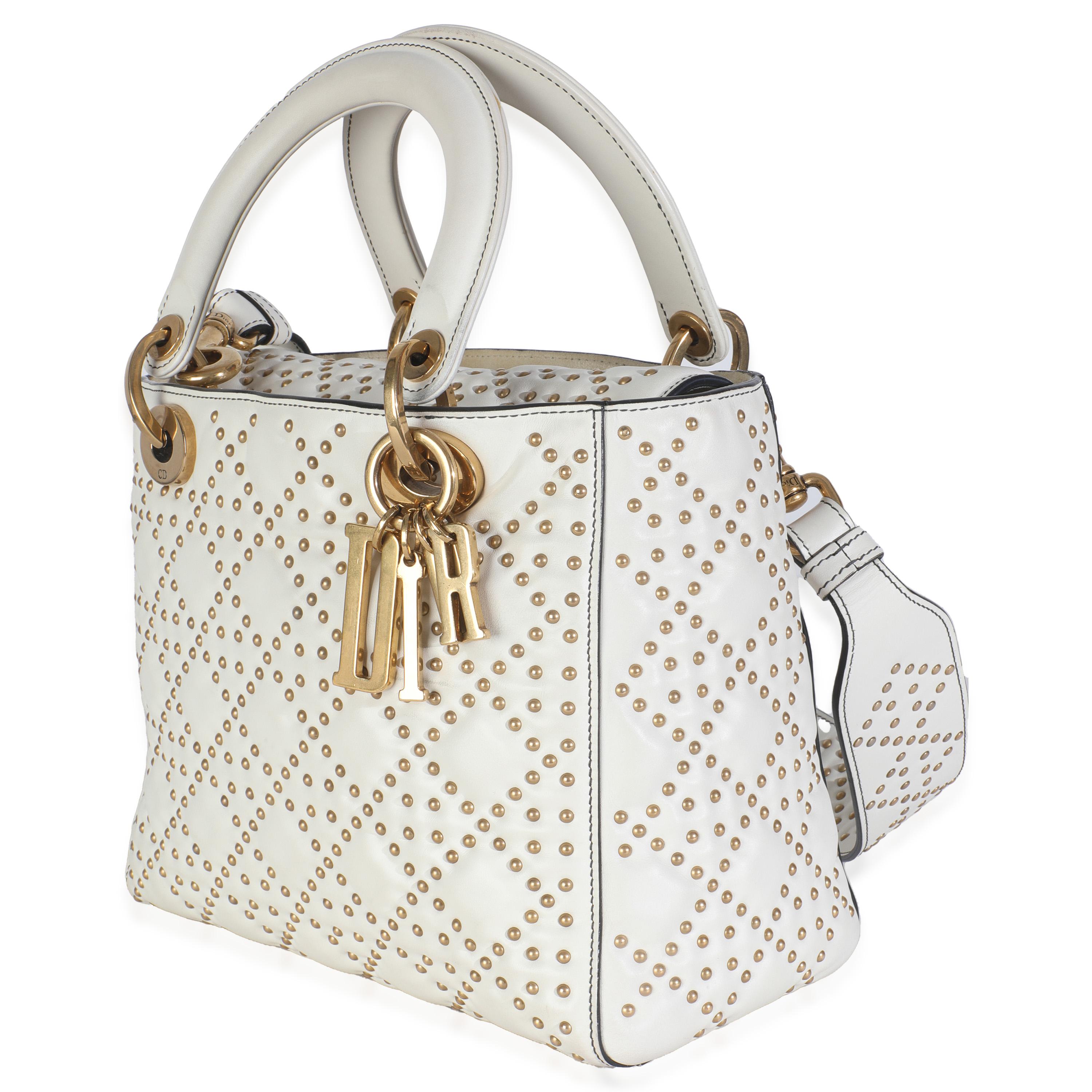 Christian Dior White Cannage Supple Studded Calfskin Medium Lady Dior Bon état - En vente à New York, NY