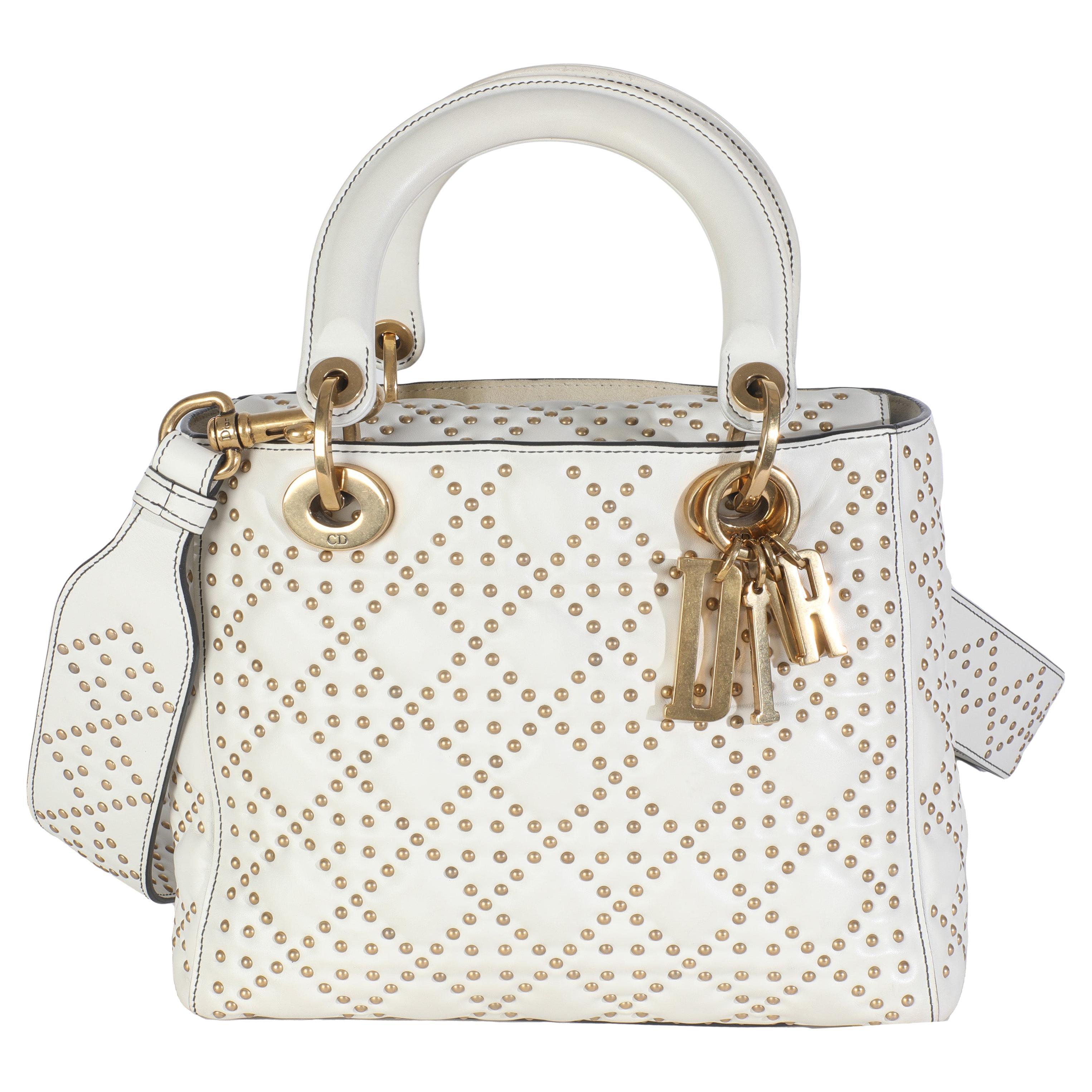 Christian Dior White Cannage Supple Studded Calfskin Medium Lady Dior