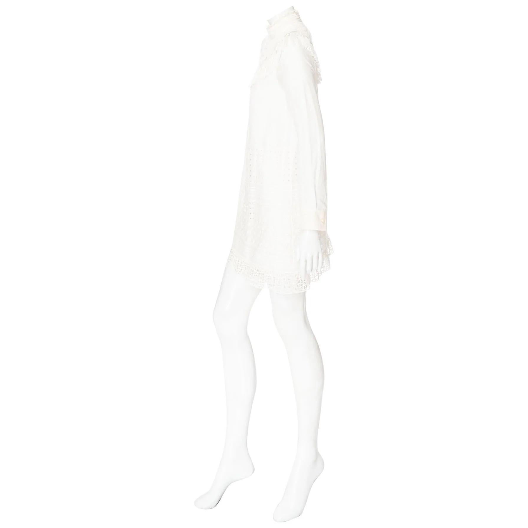 Christian Dior White Cotton Broderie Anglaise High Neck Shift Dress In Good Condition For Sale In Woodland Hills, CA
