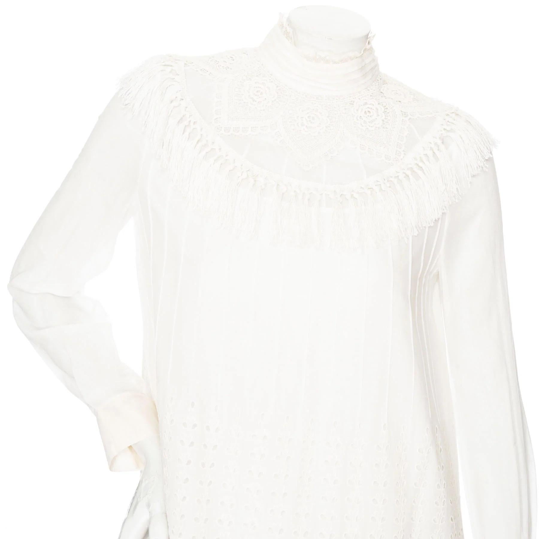 Christian Dior White Cotton Broderie Anglaise High Neck Shift Dress For Sale 1
