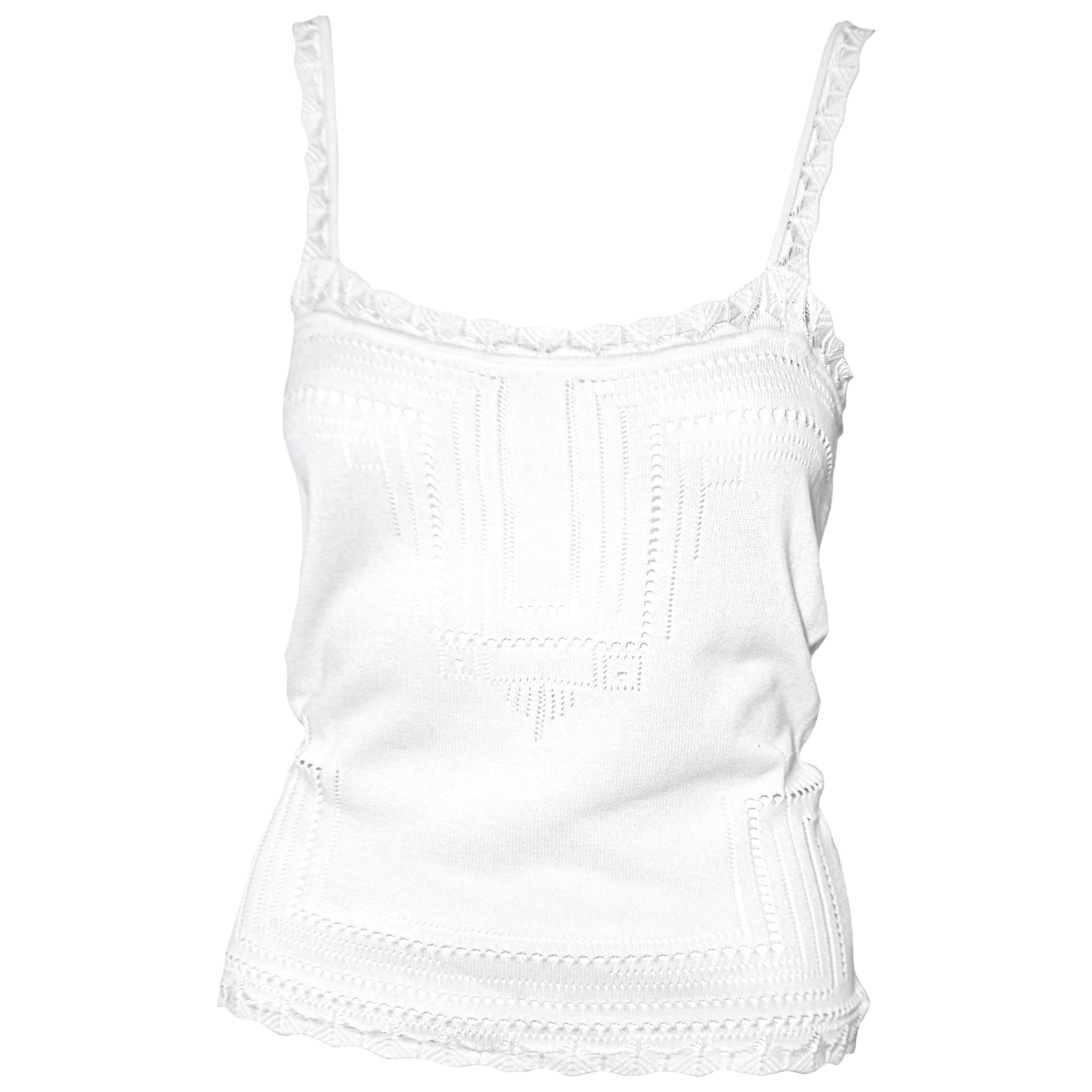 Christian Dior White Cotton Knit Crochet Camisole With Scalloped Hem For Sale