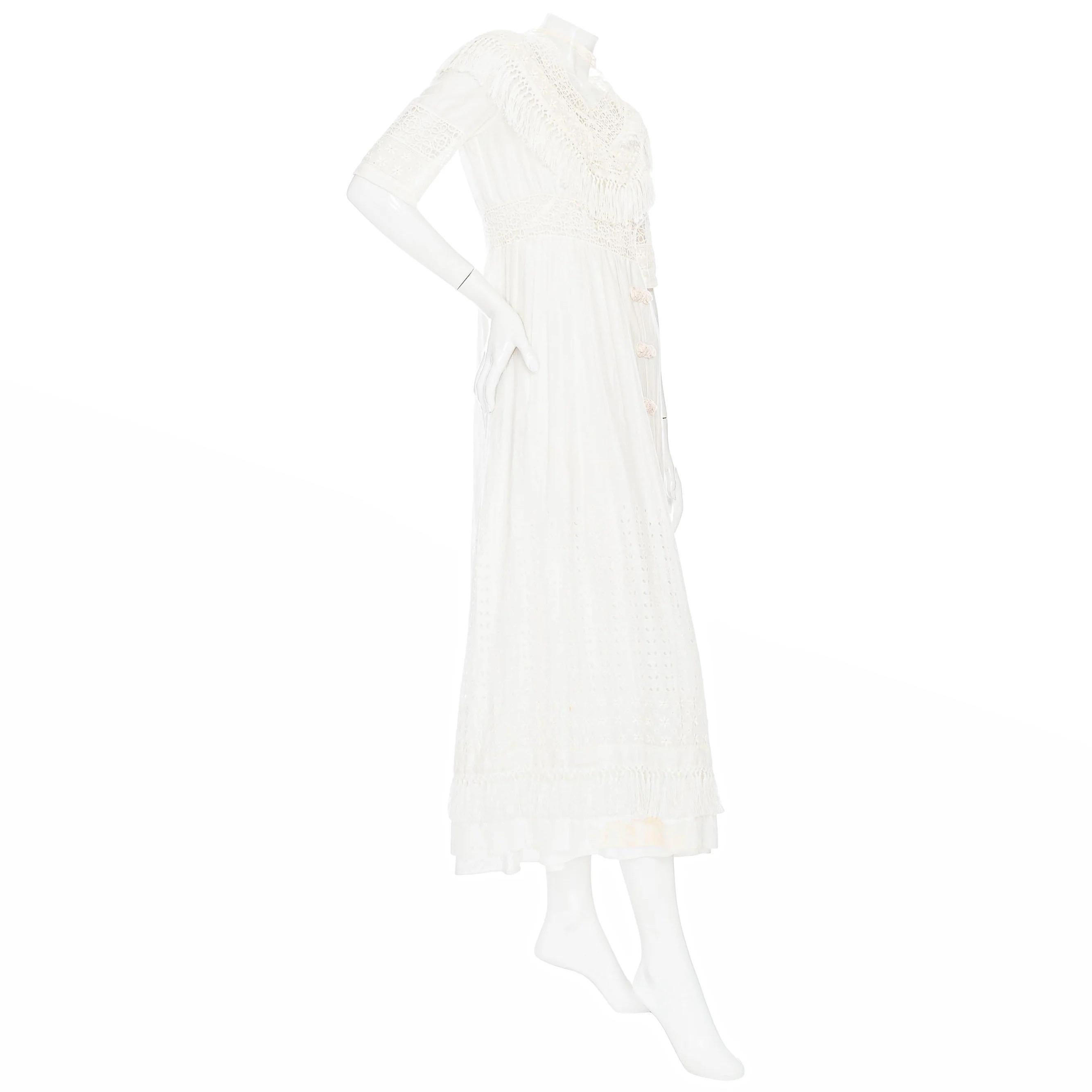 Christian Dior White Cotton Short Sleeve Fringed Eyelet Dress In Good Condition For Sale In Woodland Hills, CA