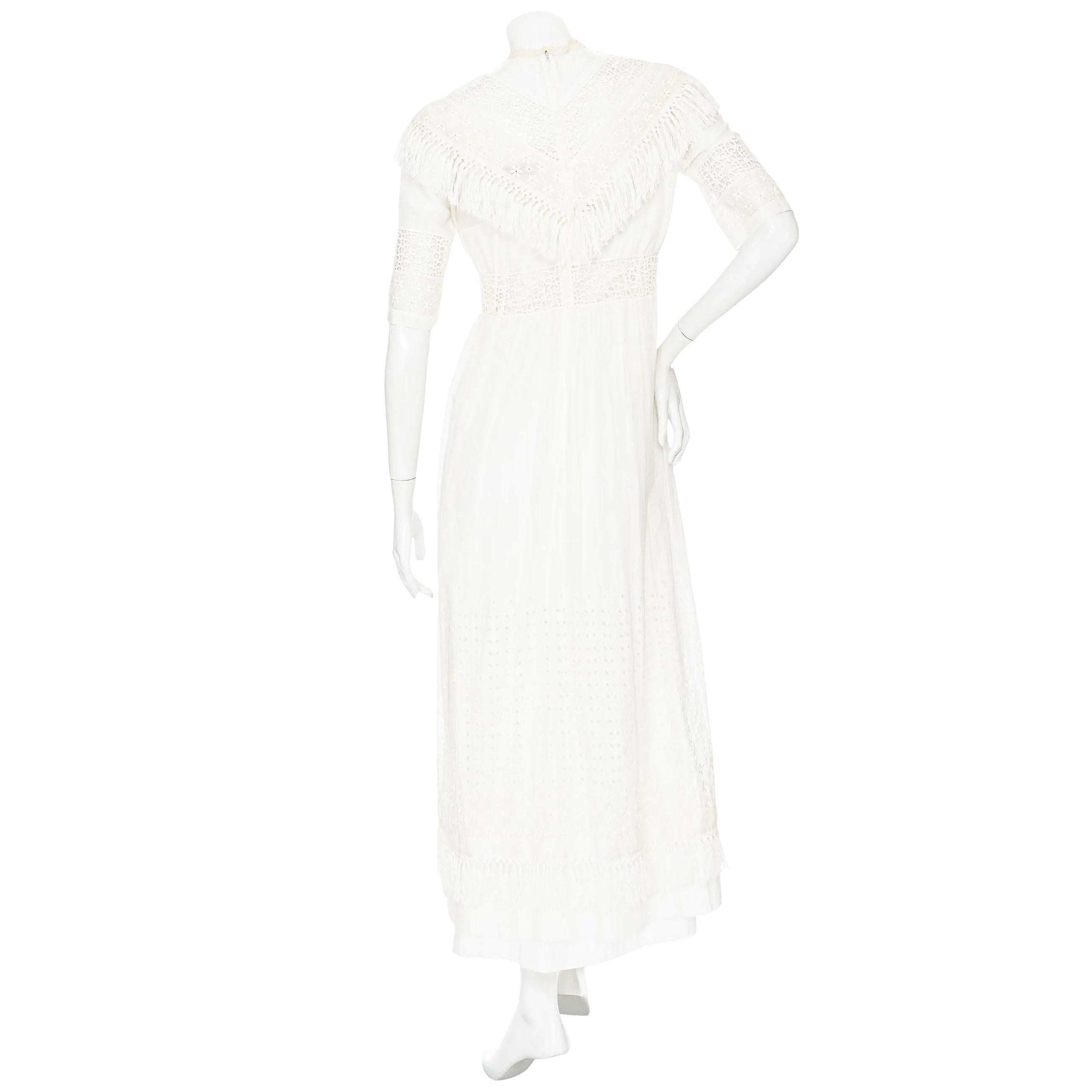 Women's Christian Dior White Cotton Short Sleeve Fringed Eyelet Dress For Sale