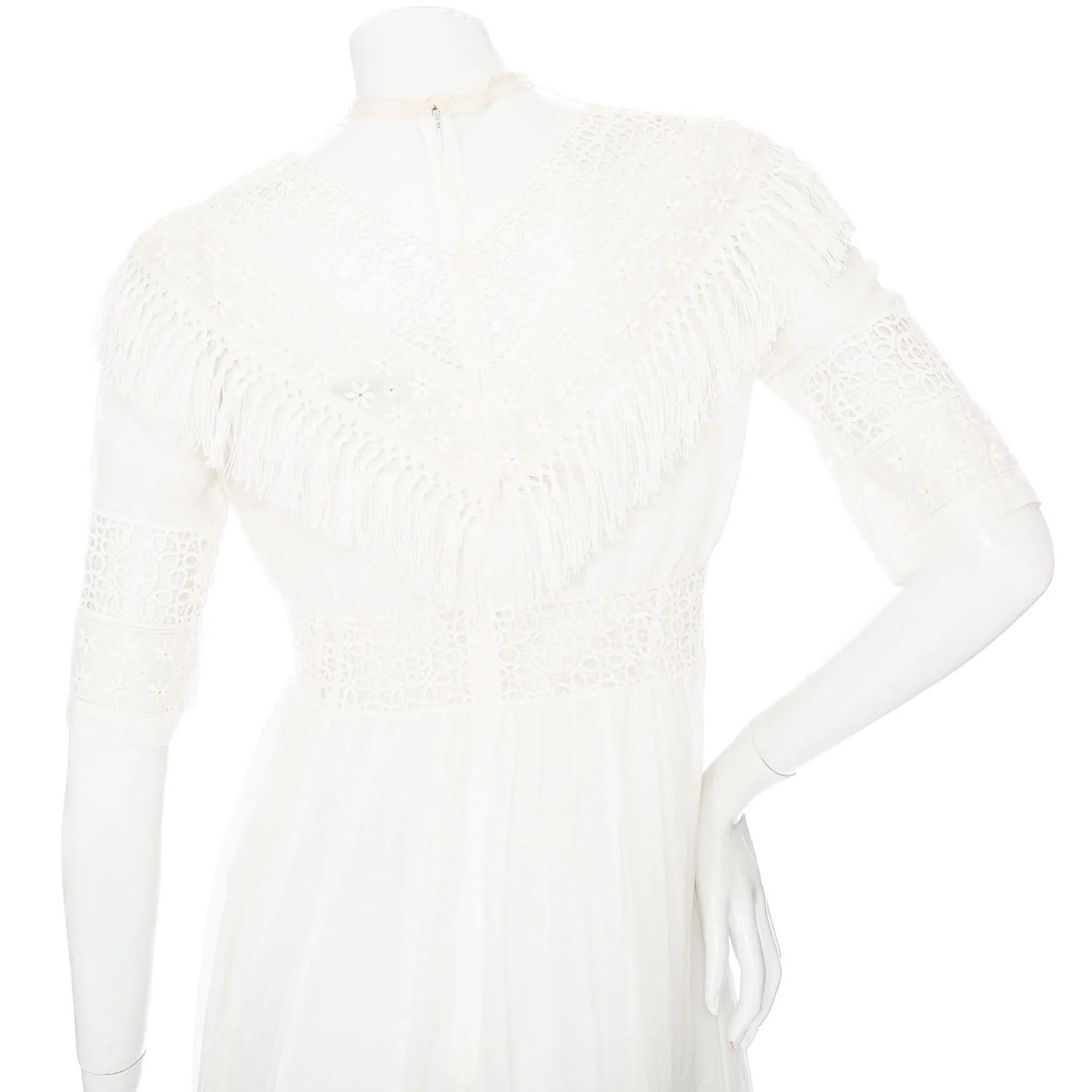 Christian Dior White Cotton Short Sleeve Fringed Eyelet Dress For Sale 1