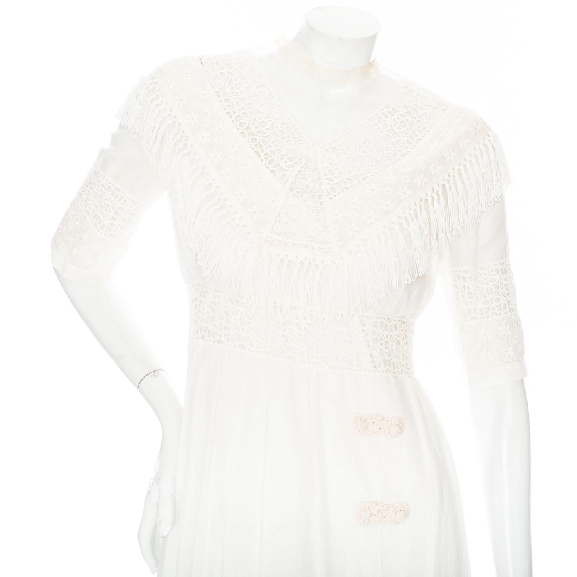 Christian Dior White Cotton Short Sleeve Fringed Eyelet Dress For Sale 2