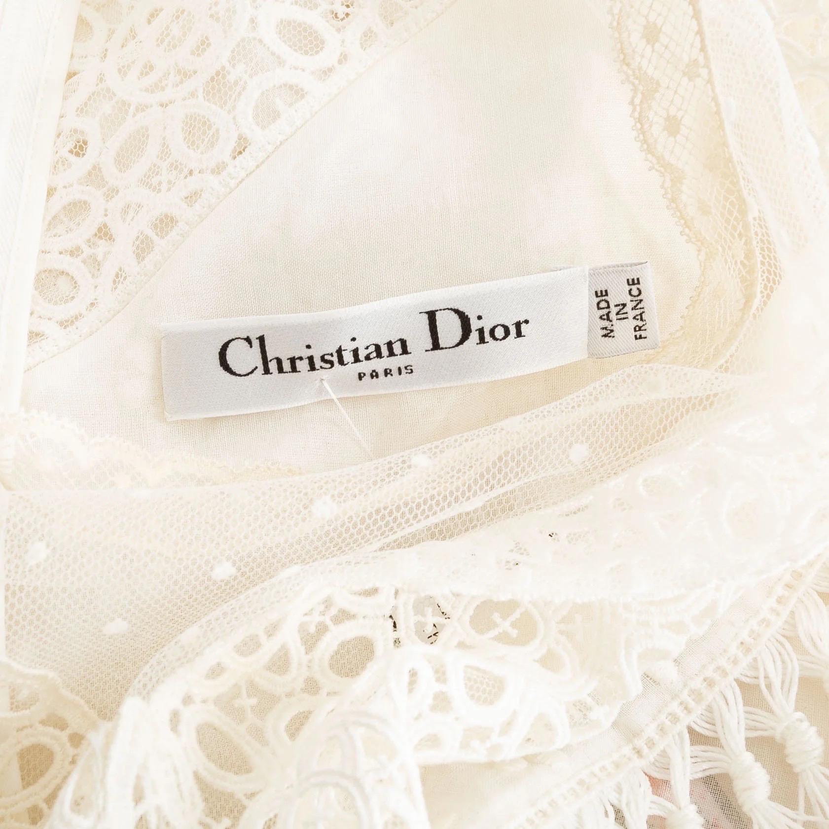 Christian Dior White Cotton Short Sleeve Fringed Eyelet Dress For Sale 5