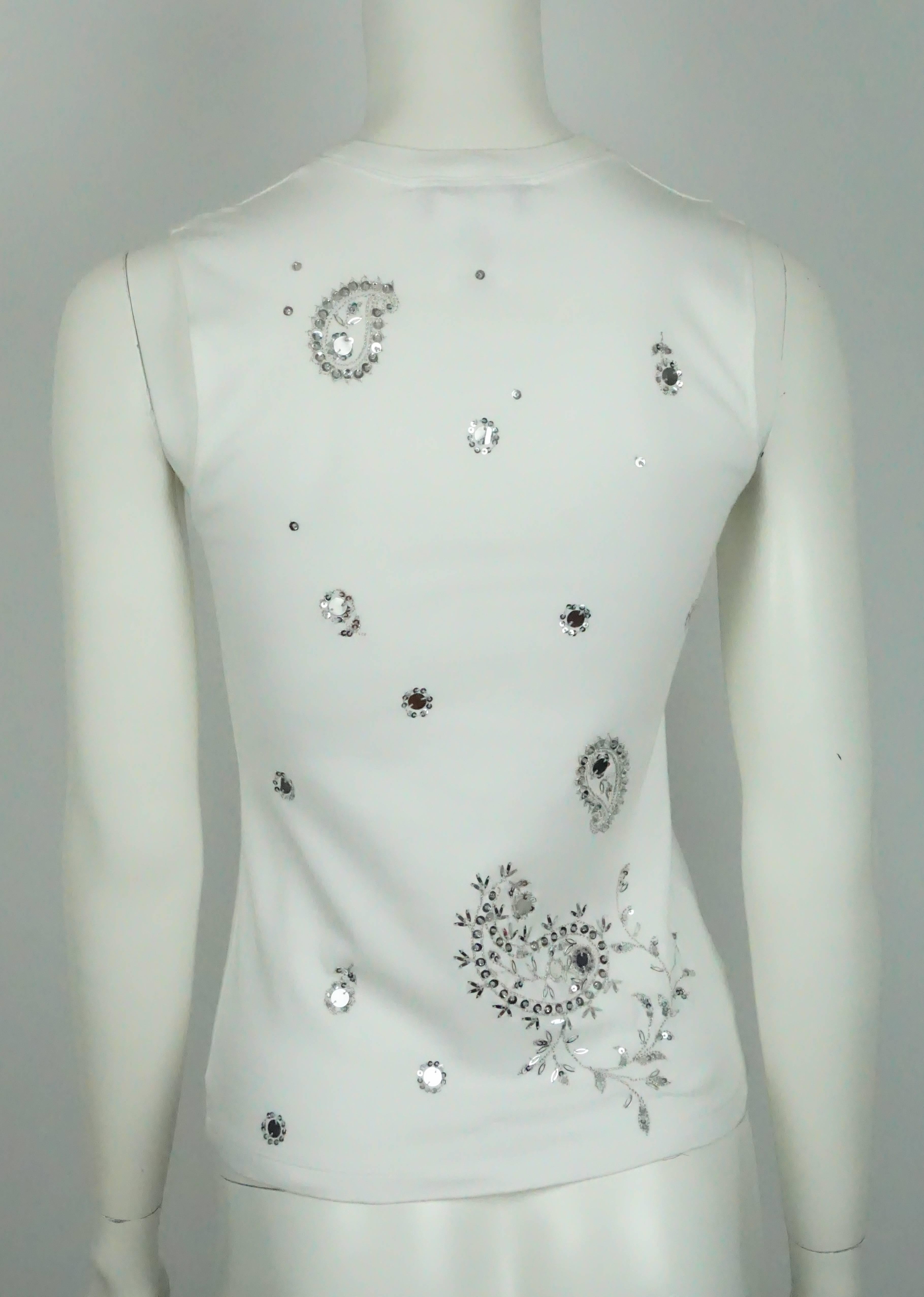 Gray Christian Dior White Cotton Top w/ Sequins - 8