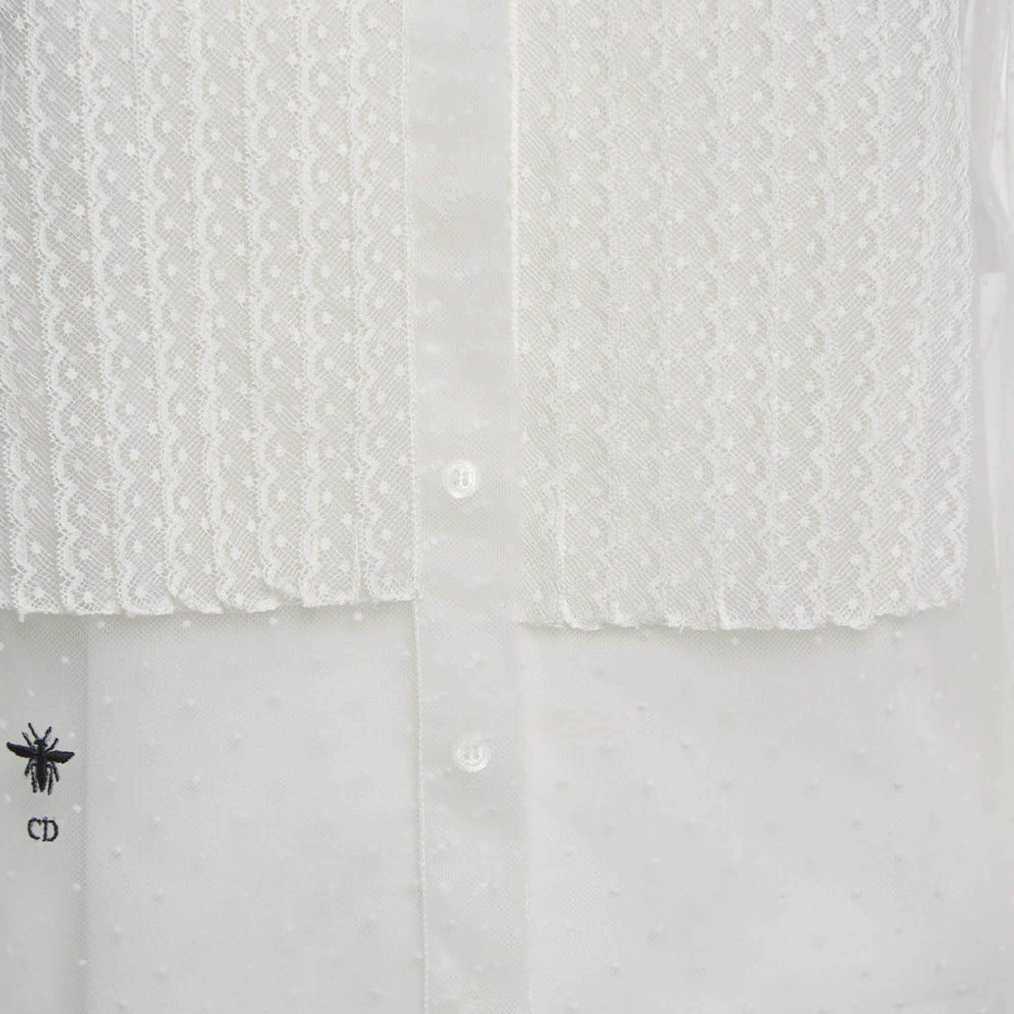 Christian Dior White Dotted Tulle Blouse S In Excellent Condition For Sale In Dubai, Al Qouz 2