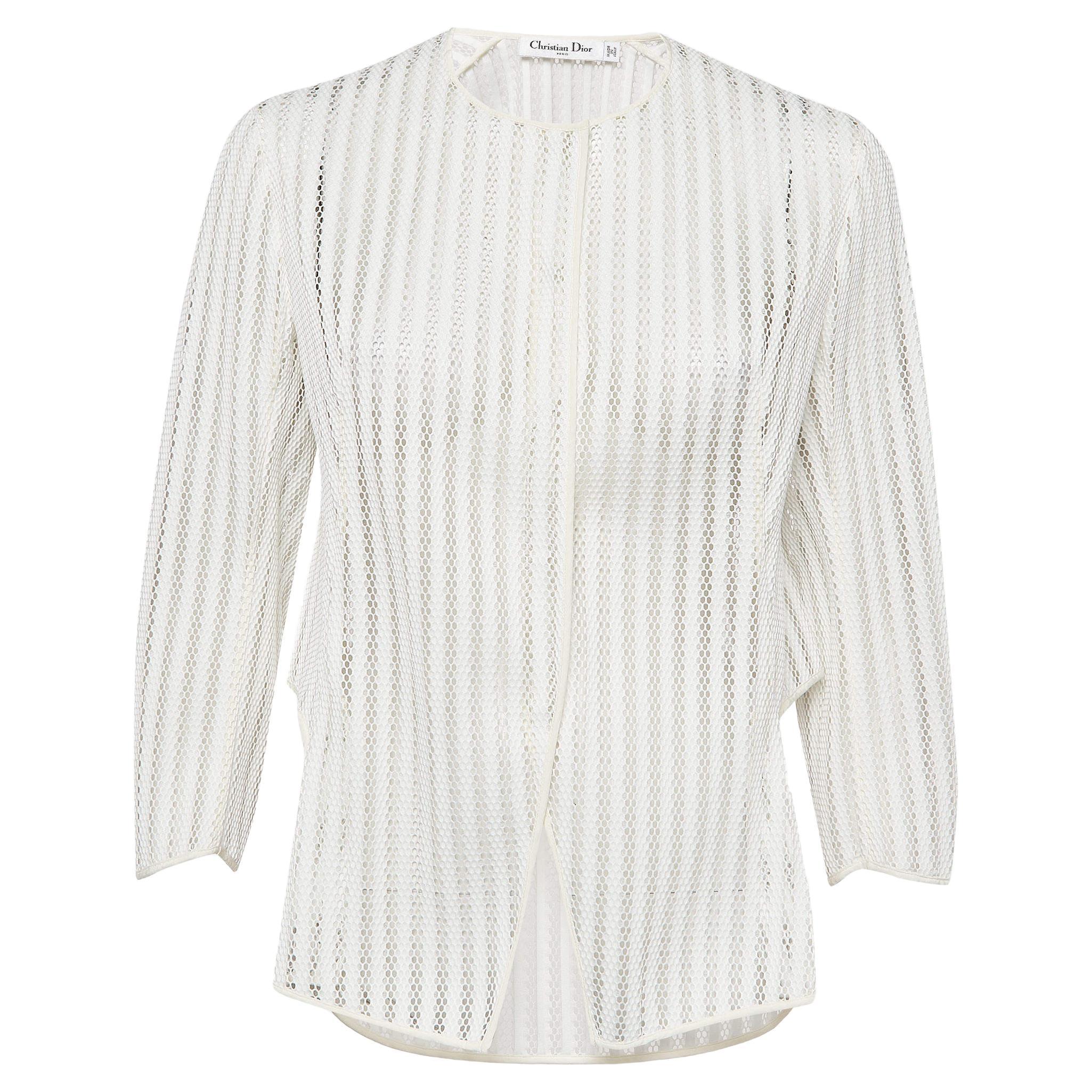 Christian Dior White Eyelet Knit High-Low Sheer Jacket M For Sale