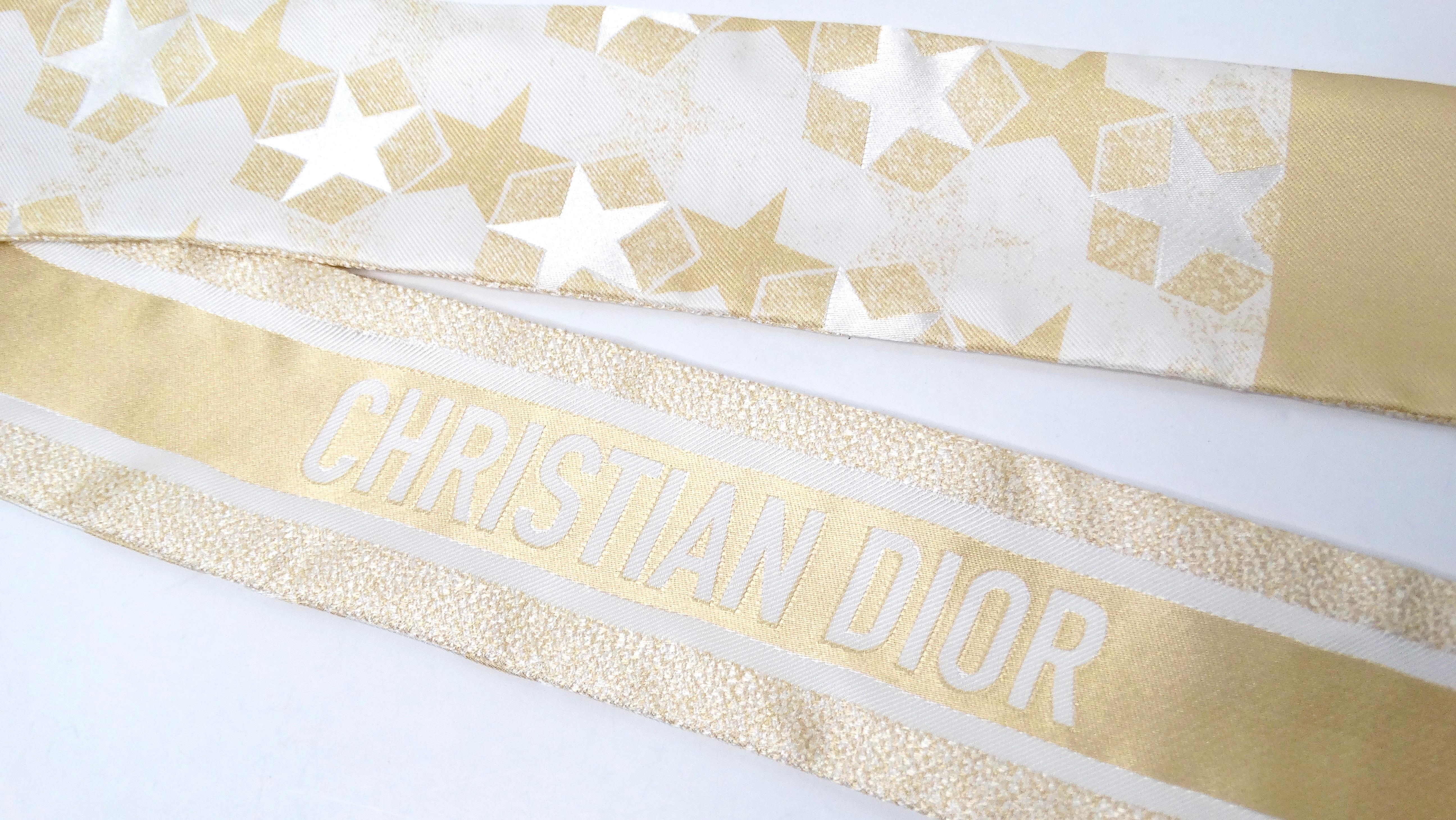 Women's Christian Dior White & Golden Star Print Silk Twill Scarf For Sale