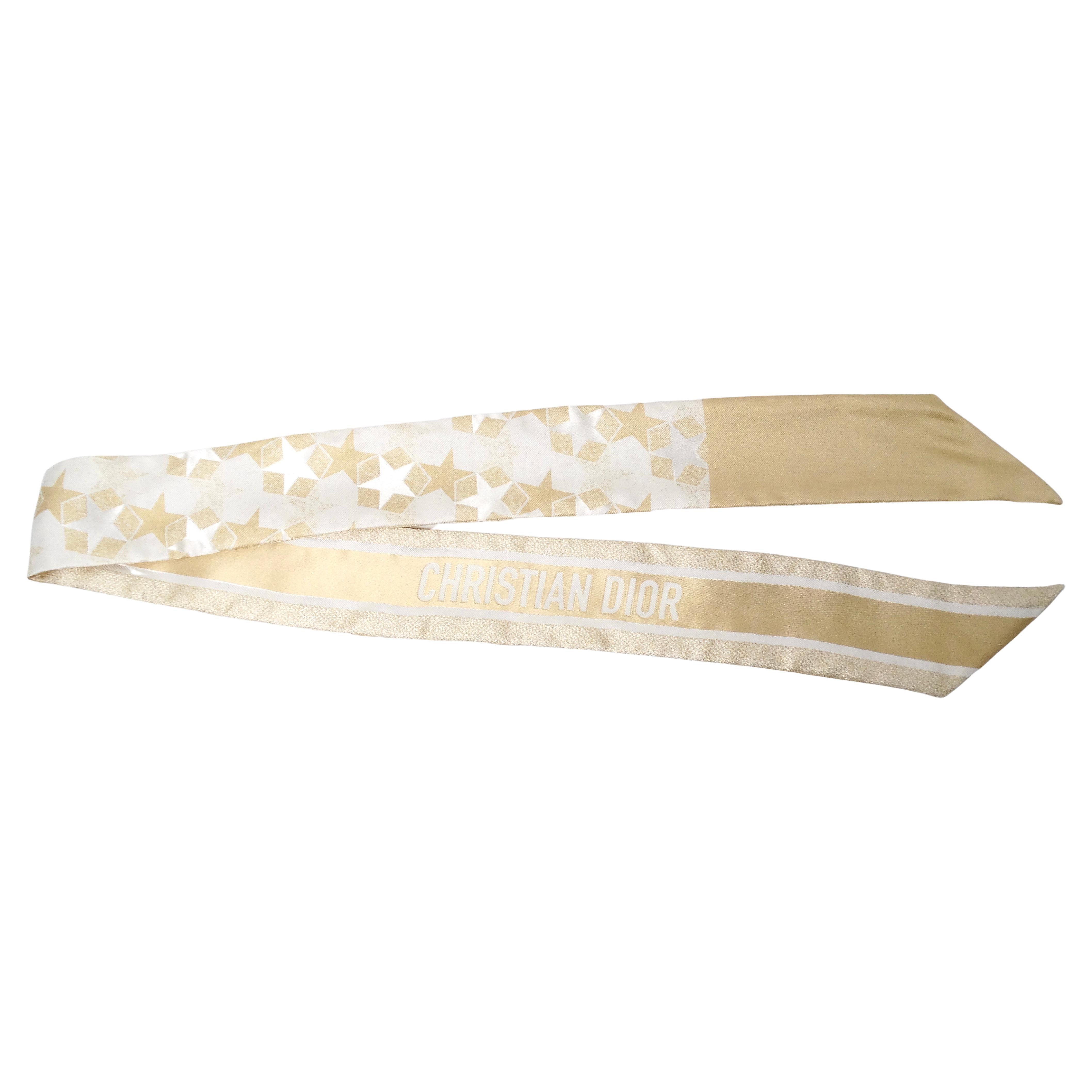 Christian Dior White & Golden Star Print Silk Twill Scarf For Sale
