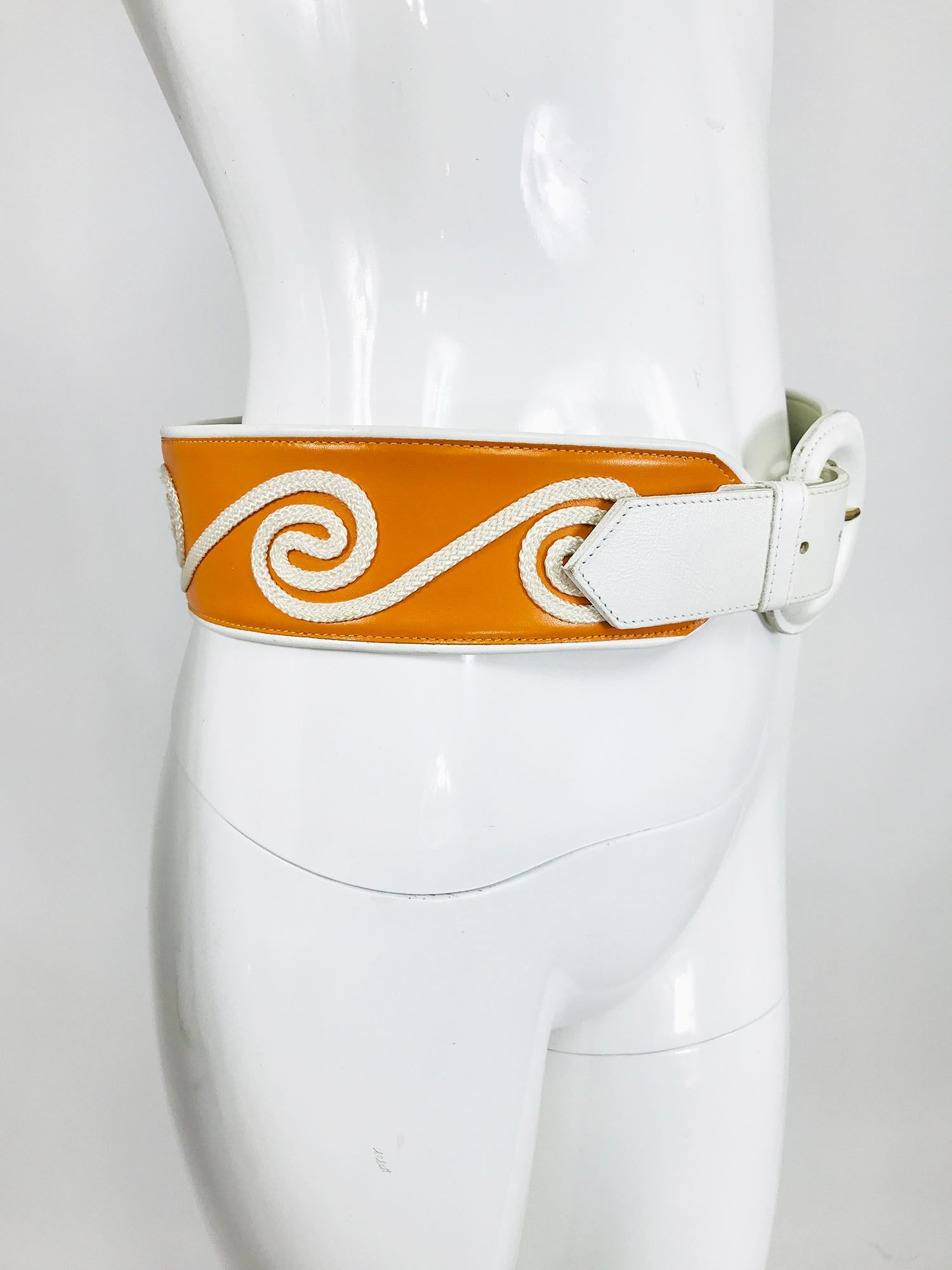 Gray  Christian Dior White & Golden Yellow Cord Applique Wide Leather Belt M-L 1990s For Sale