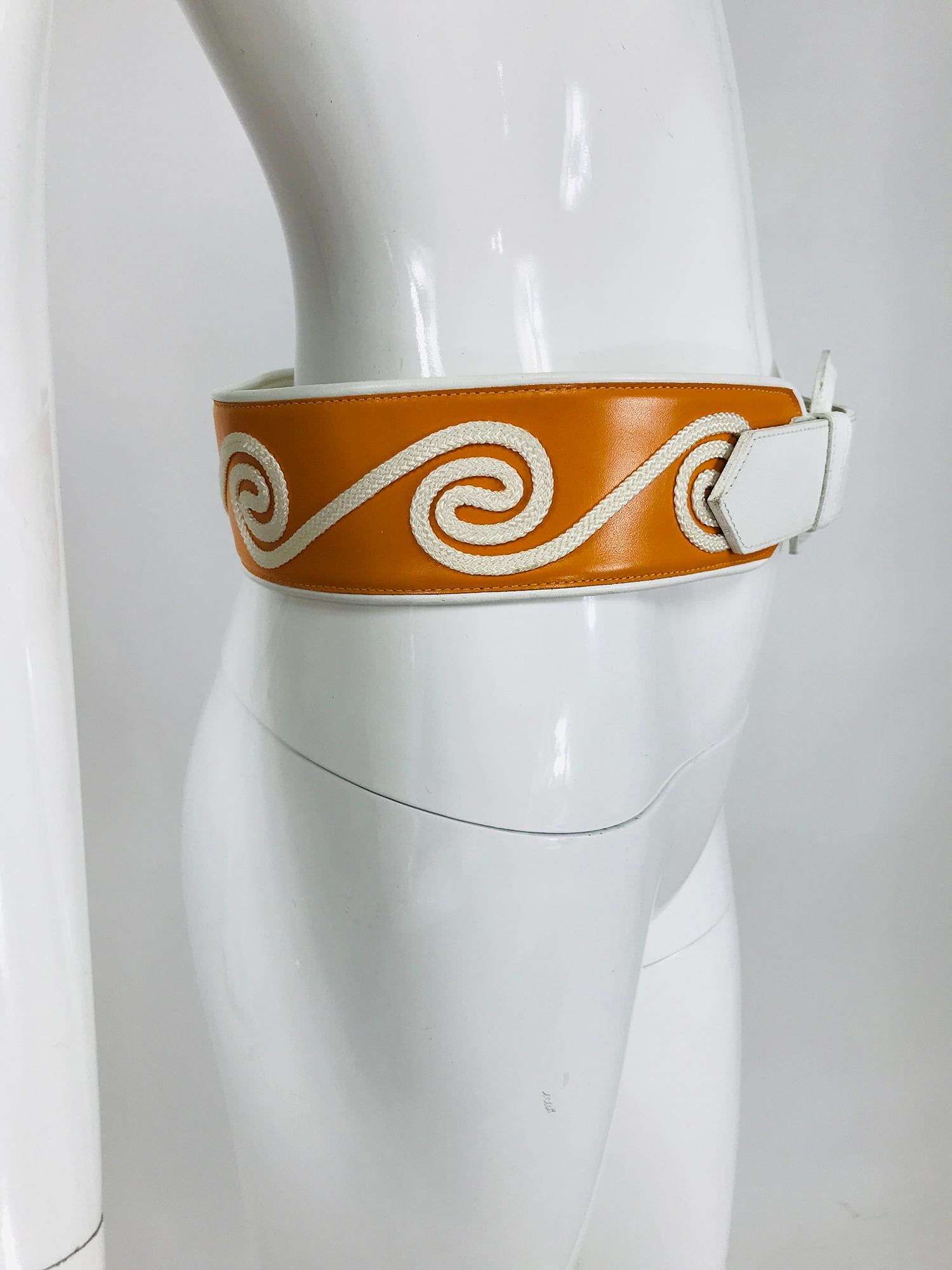  Christian Dior White & Golden Yellow Cord Applique Wide Leather Belt M-L 1990s In Good Condition For Sale In West Palm Beach, FL