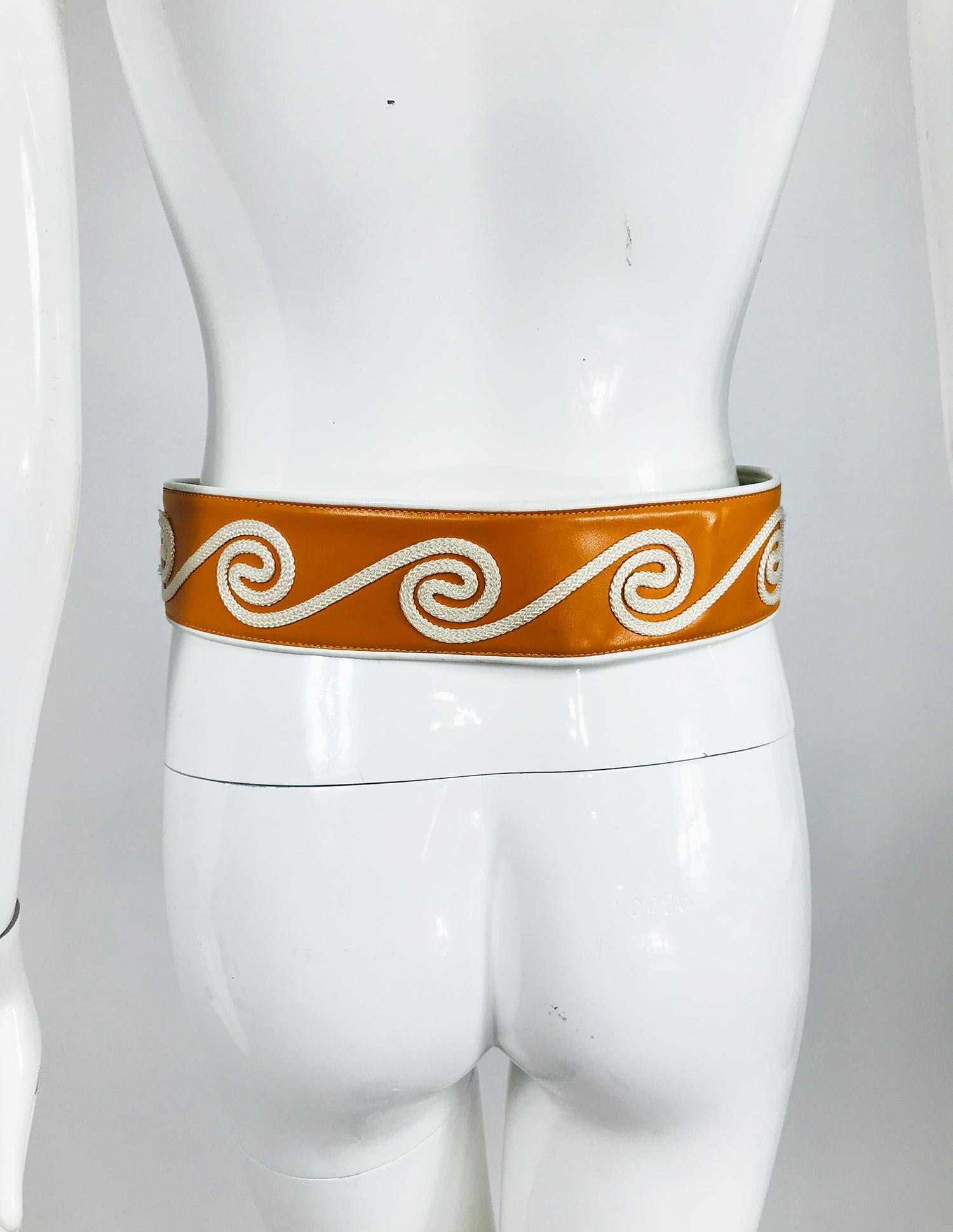 Women's  Christian Dior White & Golden Yellow Cord Applique Wide Leather Belt M-L 1990s For Sale