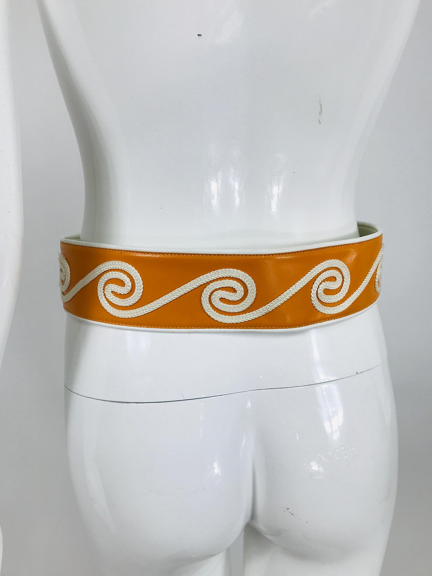  Christian Dior White & Golden Yellow Cord Applique Wide Leather Belt M-L 1990s For Sale 1