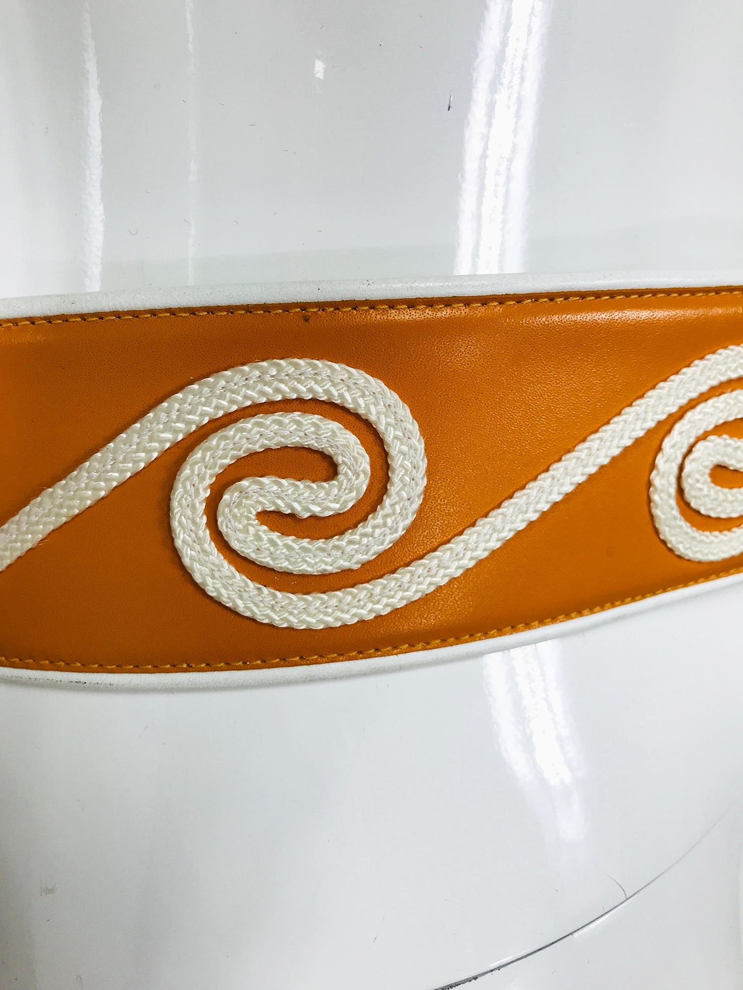  Christian Dior White & Golden Yellow Cord Applique Wide Leather Belt M-L 1990s For Sale 2