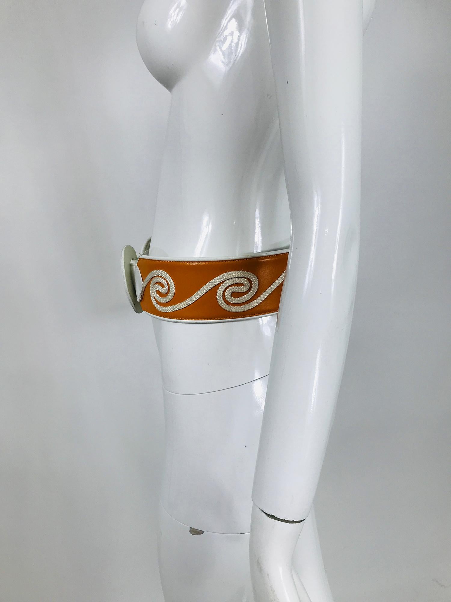  Christian Dior White & Golden Yellow Cord Applique Wide Leather Belt M-L 1990s For Sale 3