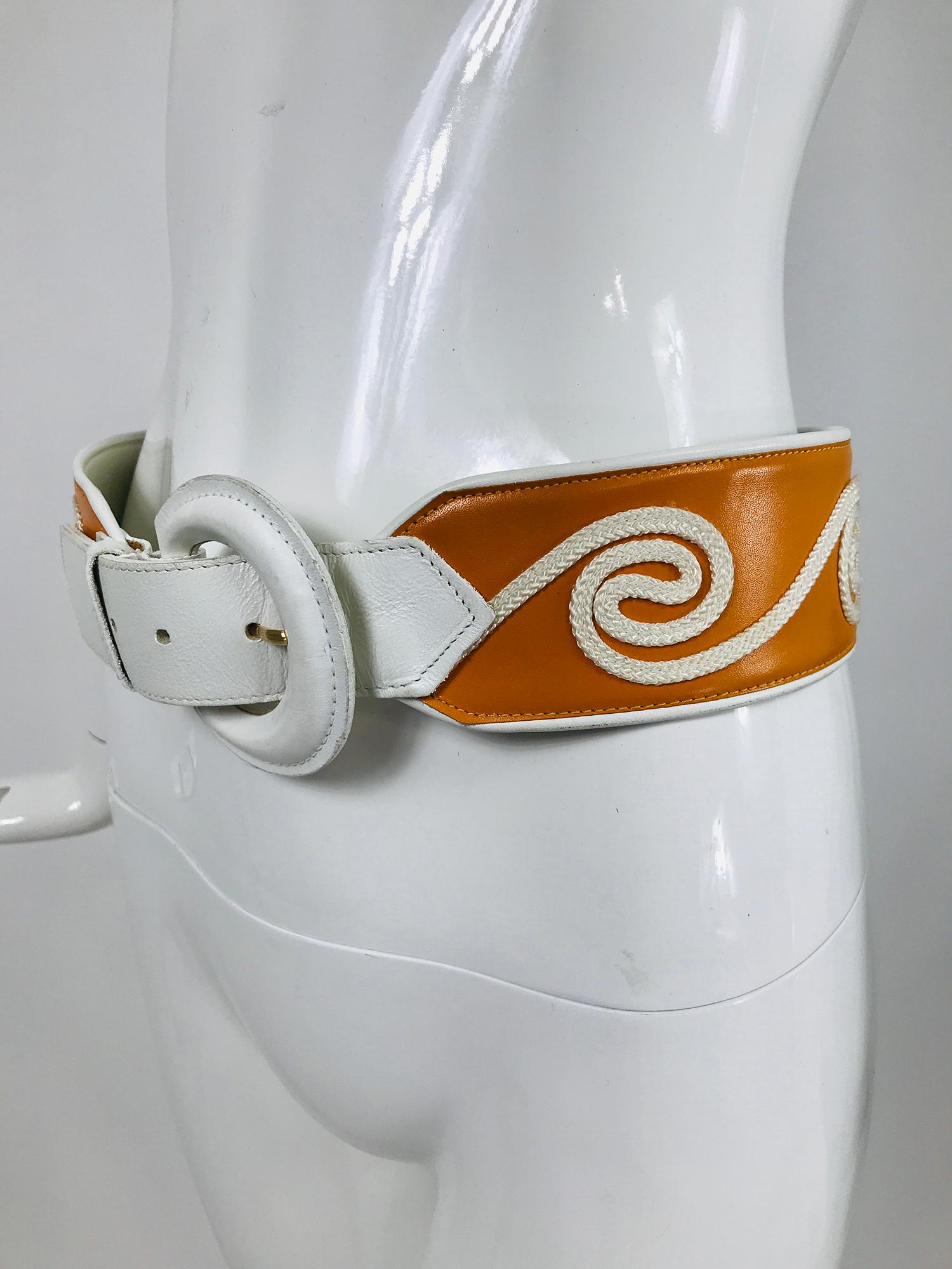  Christian Dior White & Golden Yellow Cord Applique Wide Leather Belt M-L 1990s For Sale 4