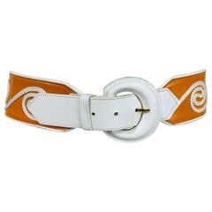 Christian Dior - Ceinture large en cuir avec applique en cordon blanc et jaune doré, taille M-L, années 1990