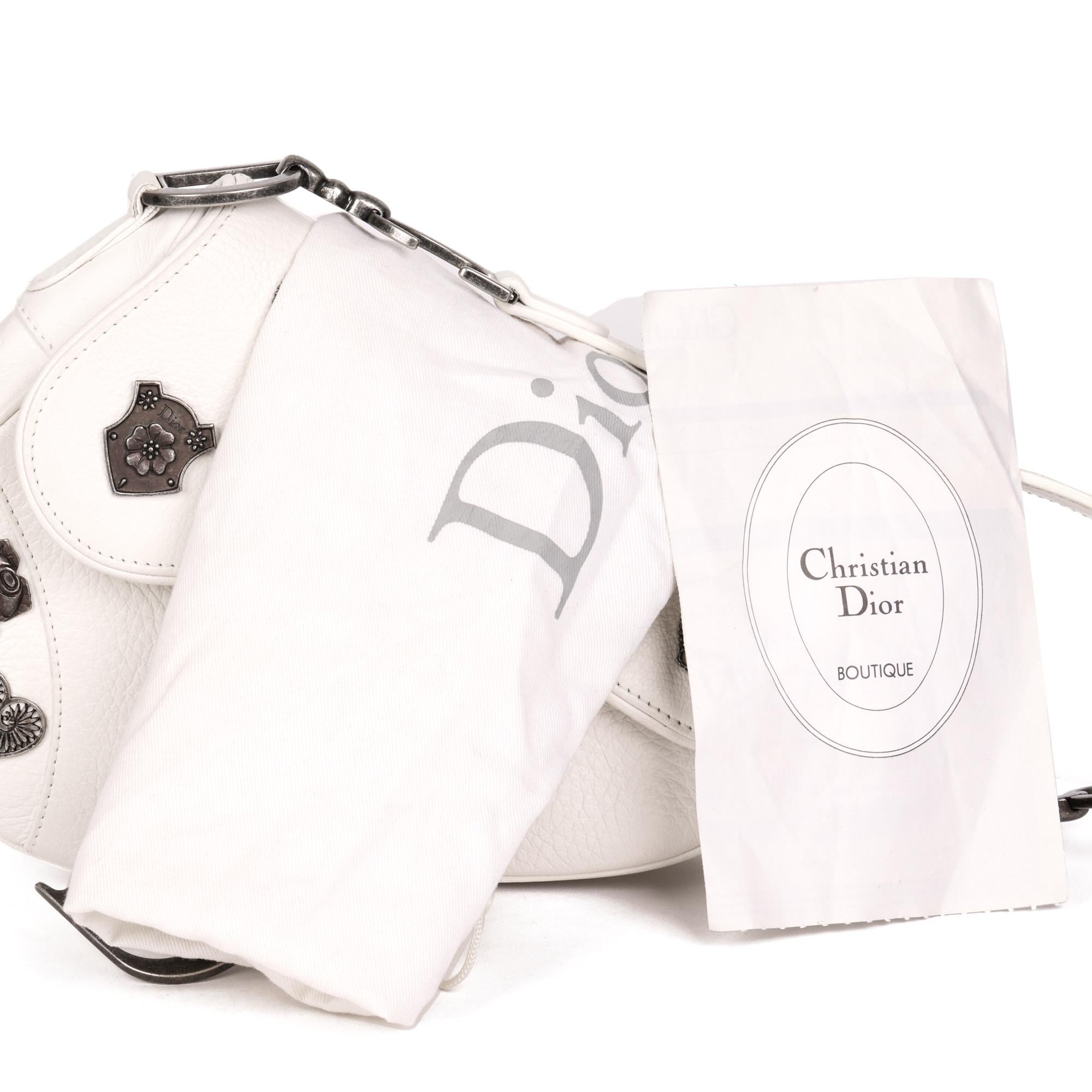 CHRISTIAN DIOR White Grained Calfskin Leather Charm Saddle Bag 5