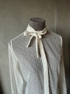 Christian Dior White Lace Tie-Neck Blouse with Signature Bee Embroidery, Size M