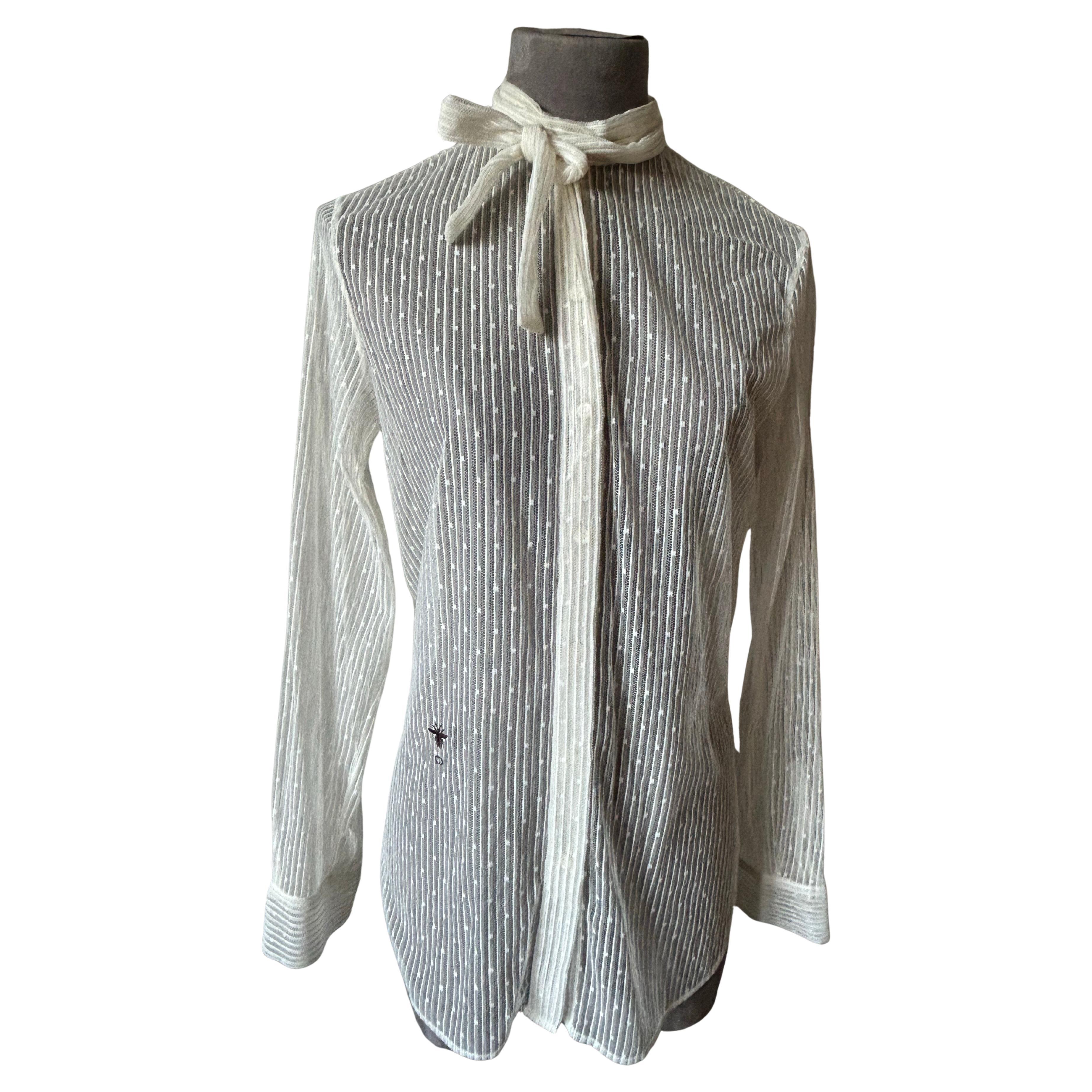 Christian Dior White Lace Tie-Neck Blouse with Signature Bee Embroidery, Size M