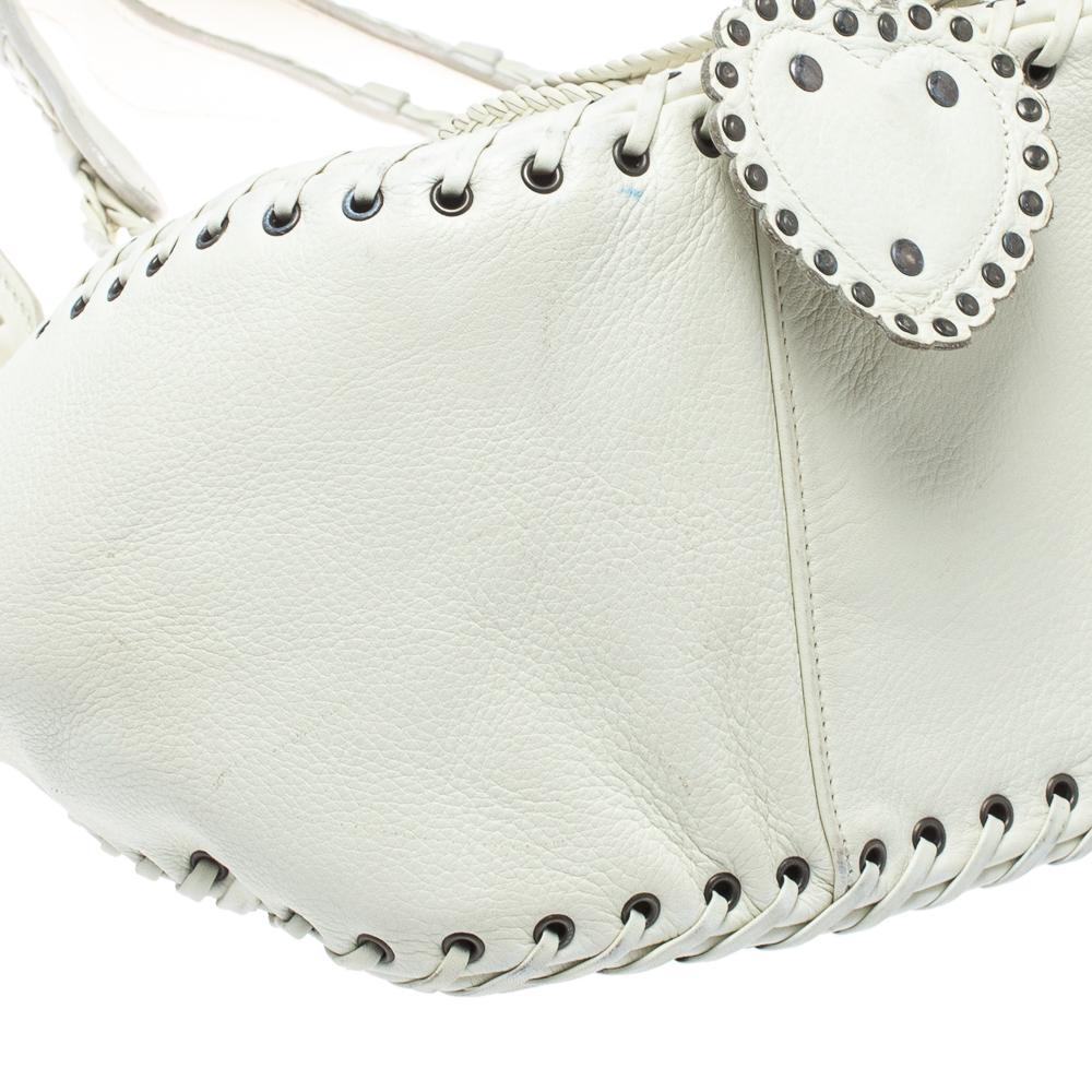 Women's Christian Dior White Leather Heart Charm Ethnic Tote