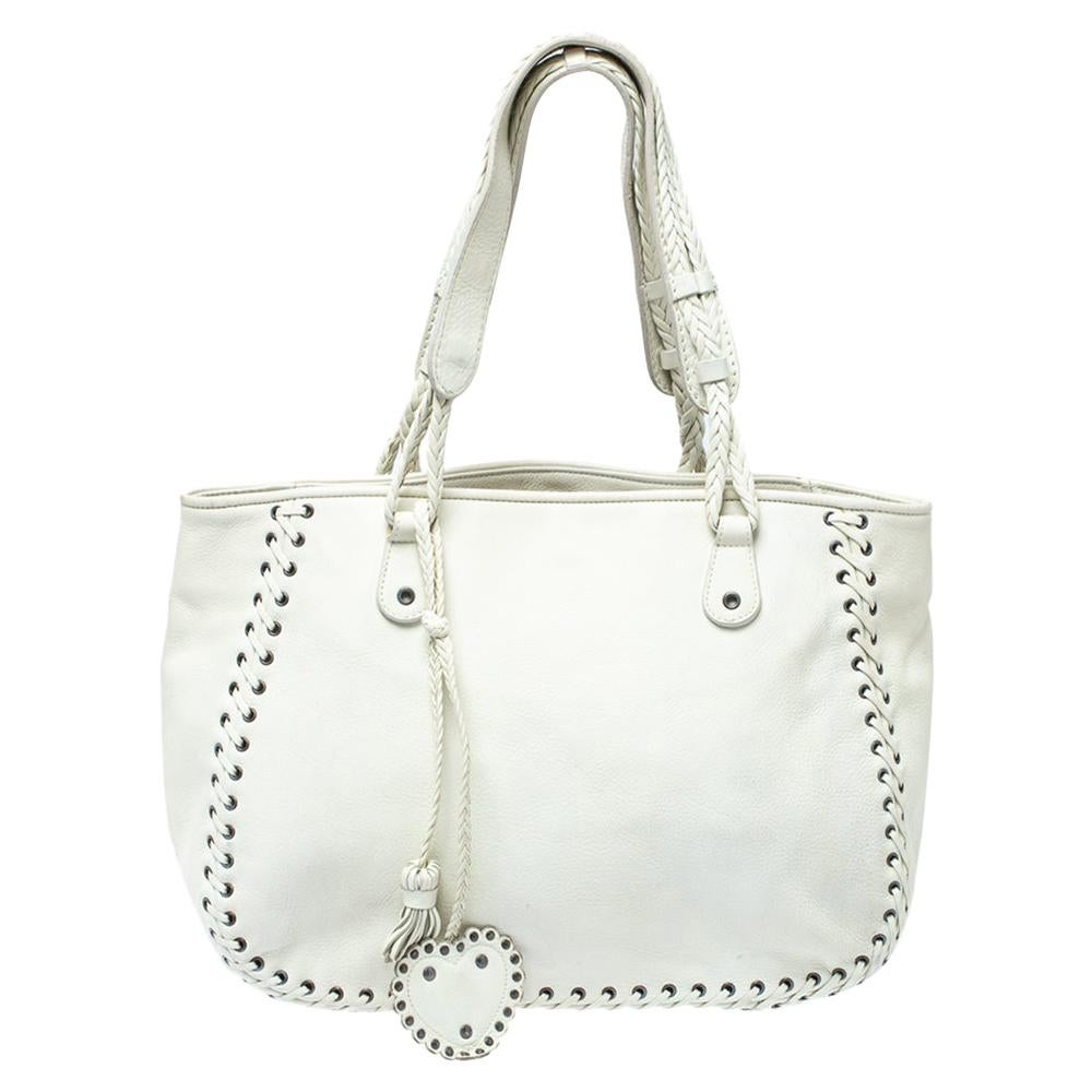 Christian Dior White Leather Heart Charm Ethnic Tote