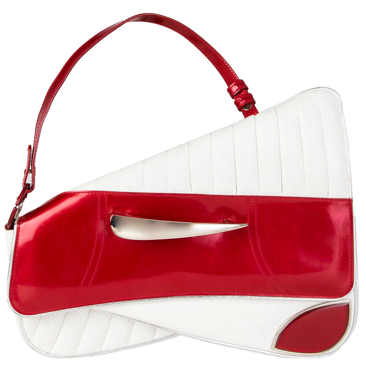 CHRISTIAN DIOR white leather & red patent CADILLAC SADDLE Handbag