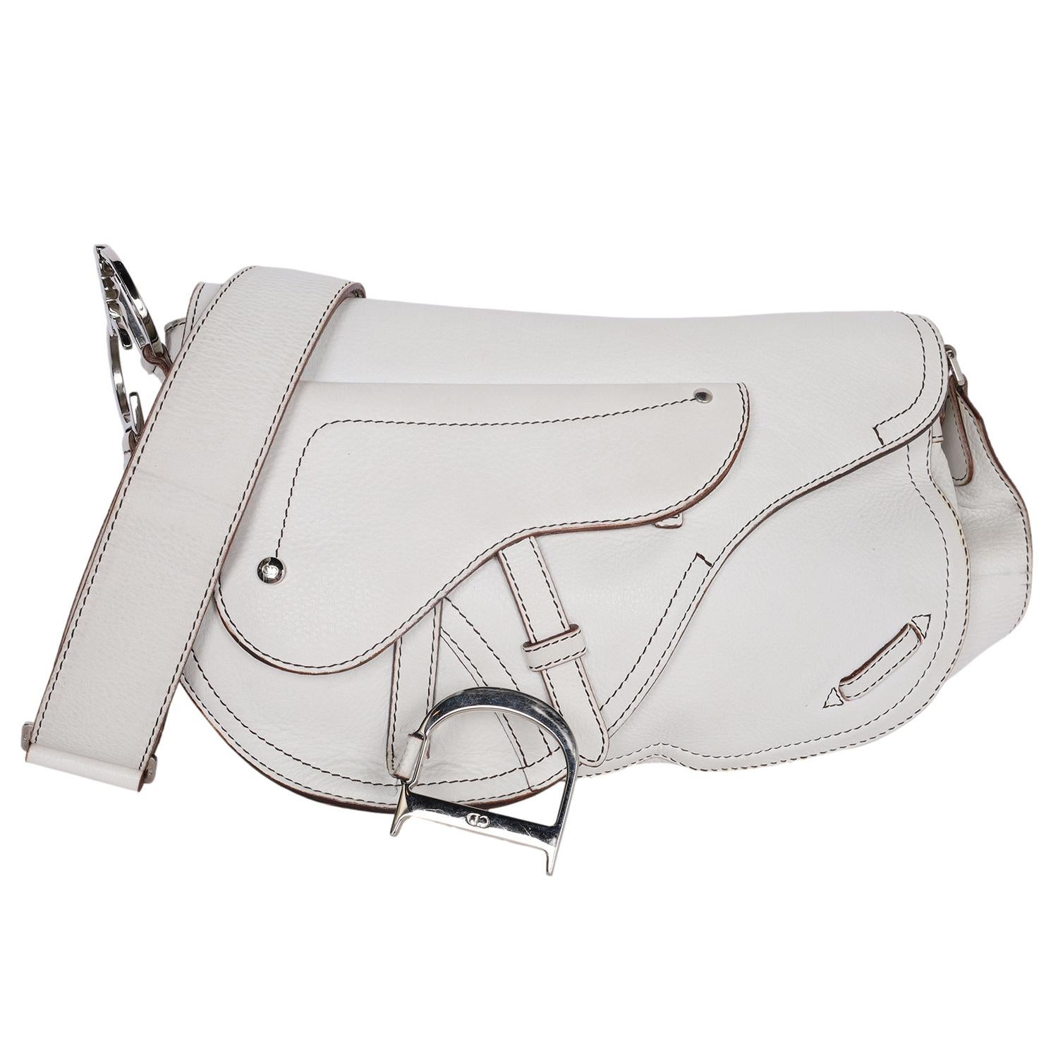 Christian Dior White Leather Saddle Messenger Crossbody Bag In Good Condition For Sale In Salt Lake Cty, UT