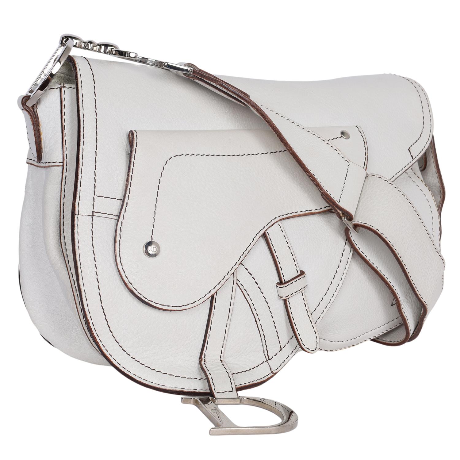 Christian Dior White Leather Saddle Messenger Crossbody Bag For Sale 3