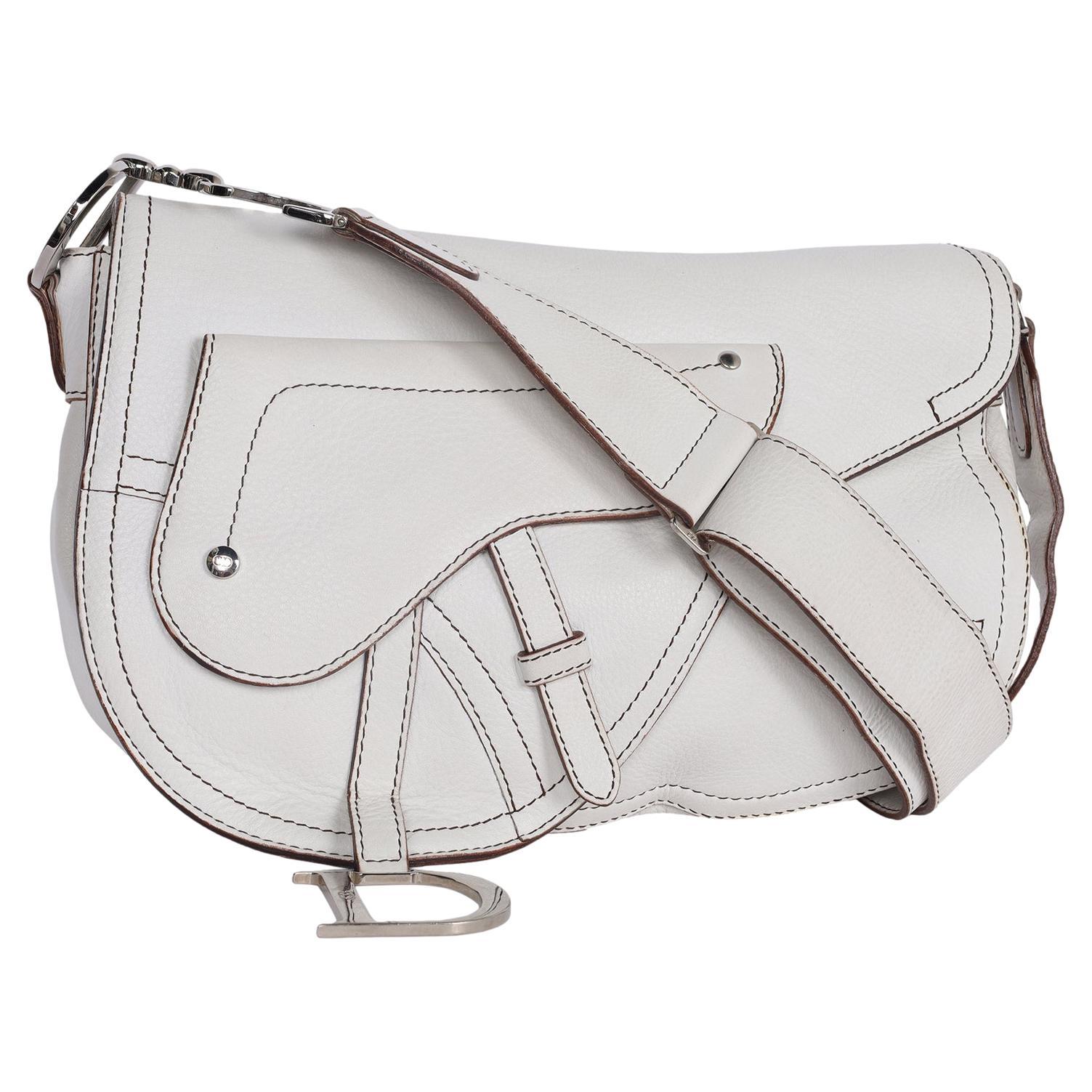 Christian Dior White Leather Saddle Messenger Crossbody Bag For Sale